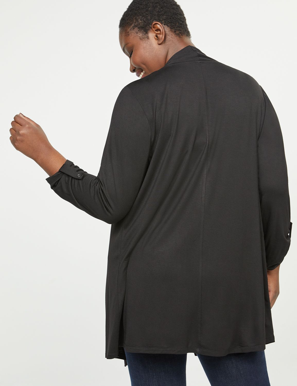 3/4 Sleeve Open Front Roll Tab Drapey Overpiece 1118258:Pitch Black LB 1000322:14/16 Product Image 2