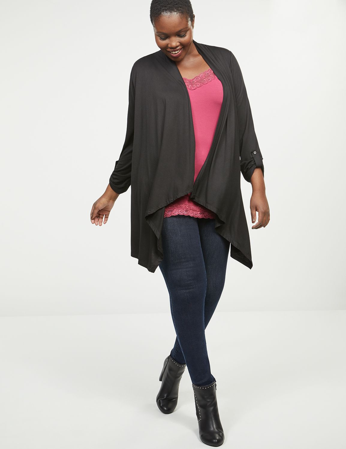 3/4 Sleeve Open Front Roll Tab Drapey Overpiece 1118258:Pitch Black LB 1000322:14/16 Product Image 3
