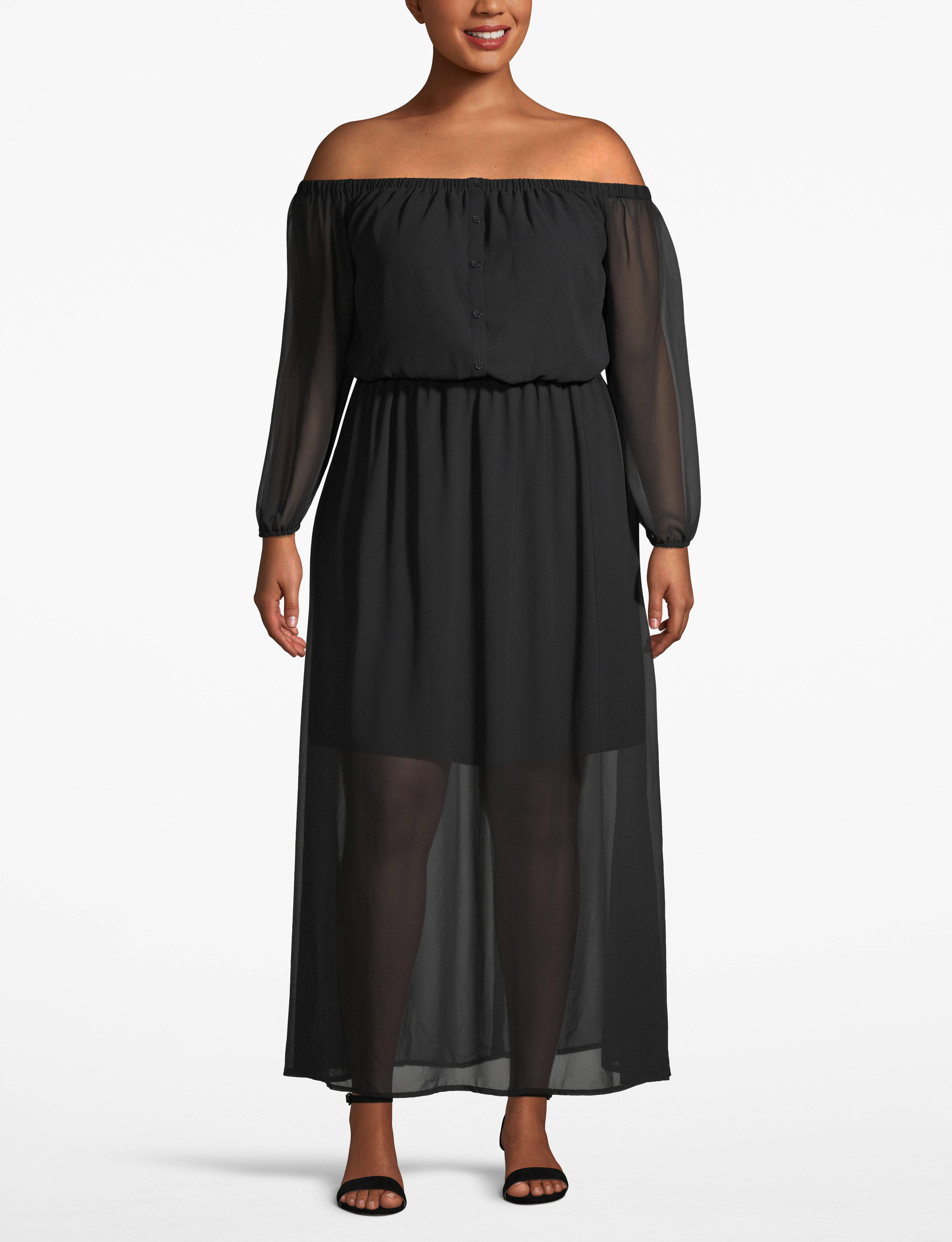 1110801- S LBO Buttoned On/ Off Shoulder Maxi Dress:Pitch Black LB 1000322:26/28 Product Image 3