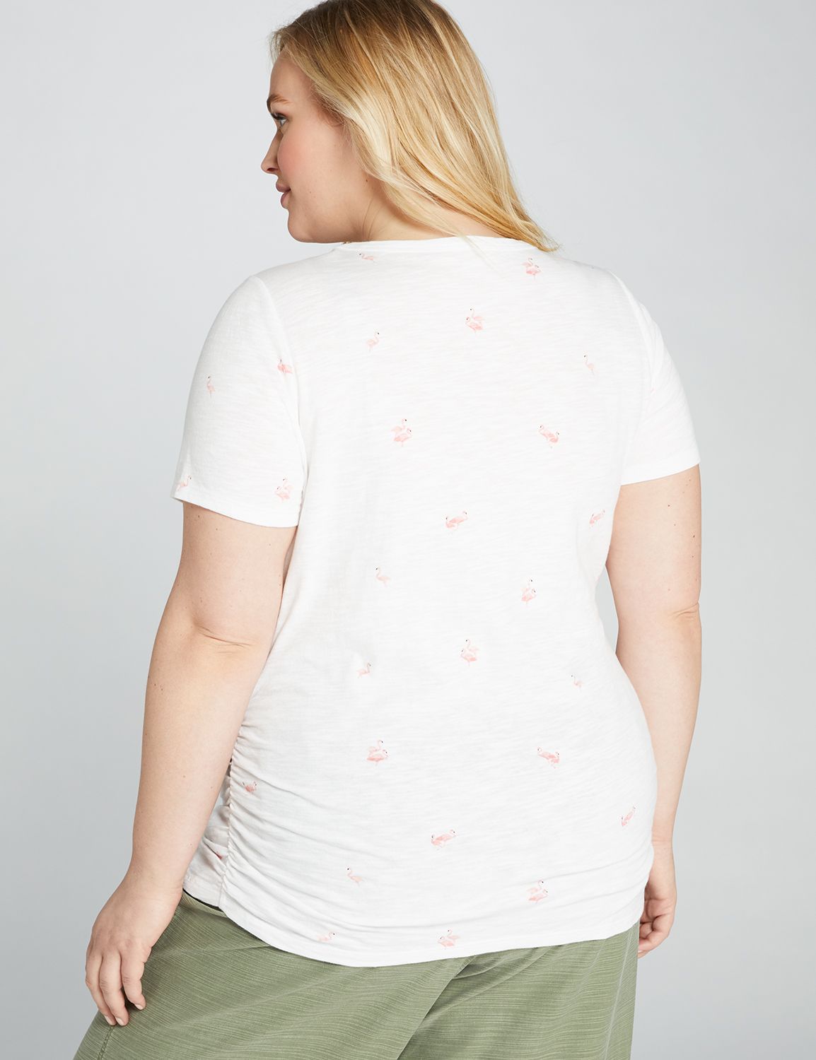 1108460 Copy of 1108440 SIDE RUCHED V-NECK S/S TEE- SLUB:LBSU20205_SummerFlamingo_colorway3:14/16 Product Image 2