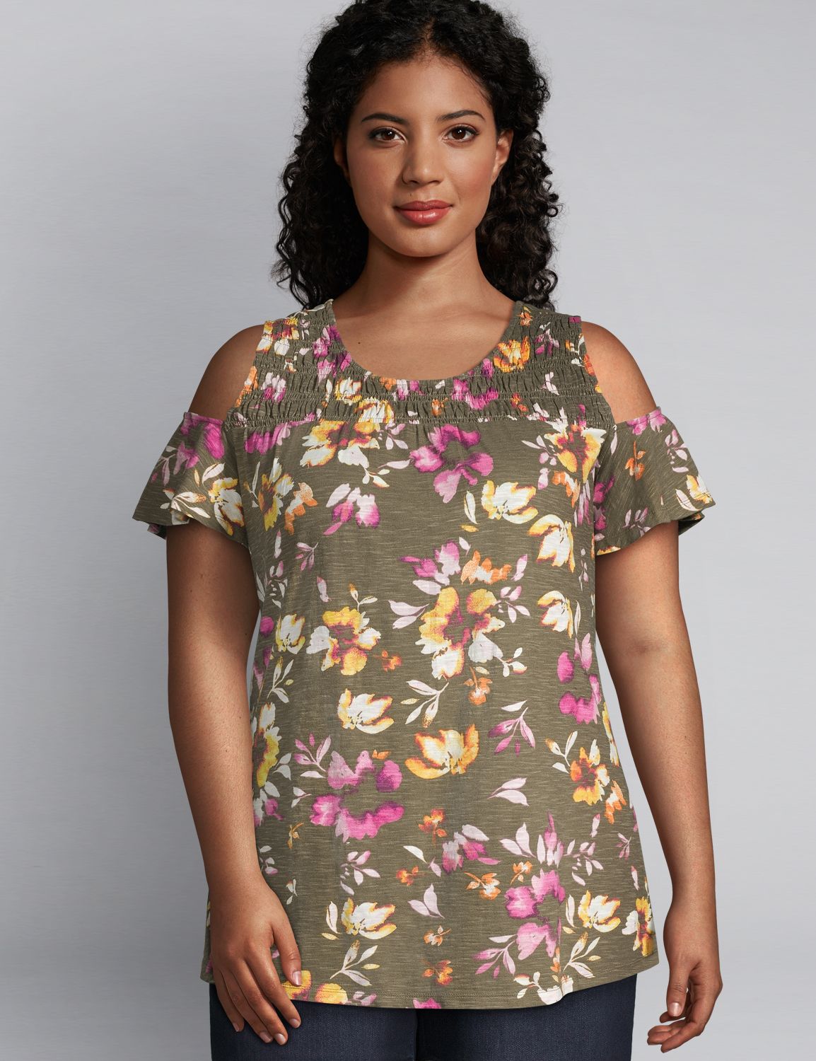 1112274 Cold Shoulder smocked yoke flutter sleeve swing tee (cotton slub):LBSU20364_RomanticWatercoloredFloral_colorway1 Product Image 1