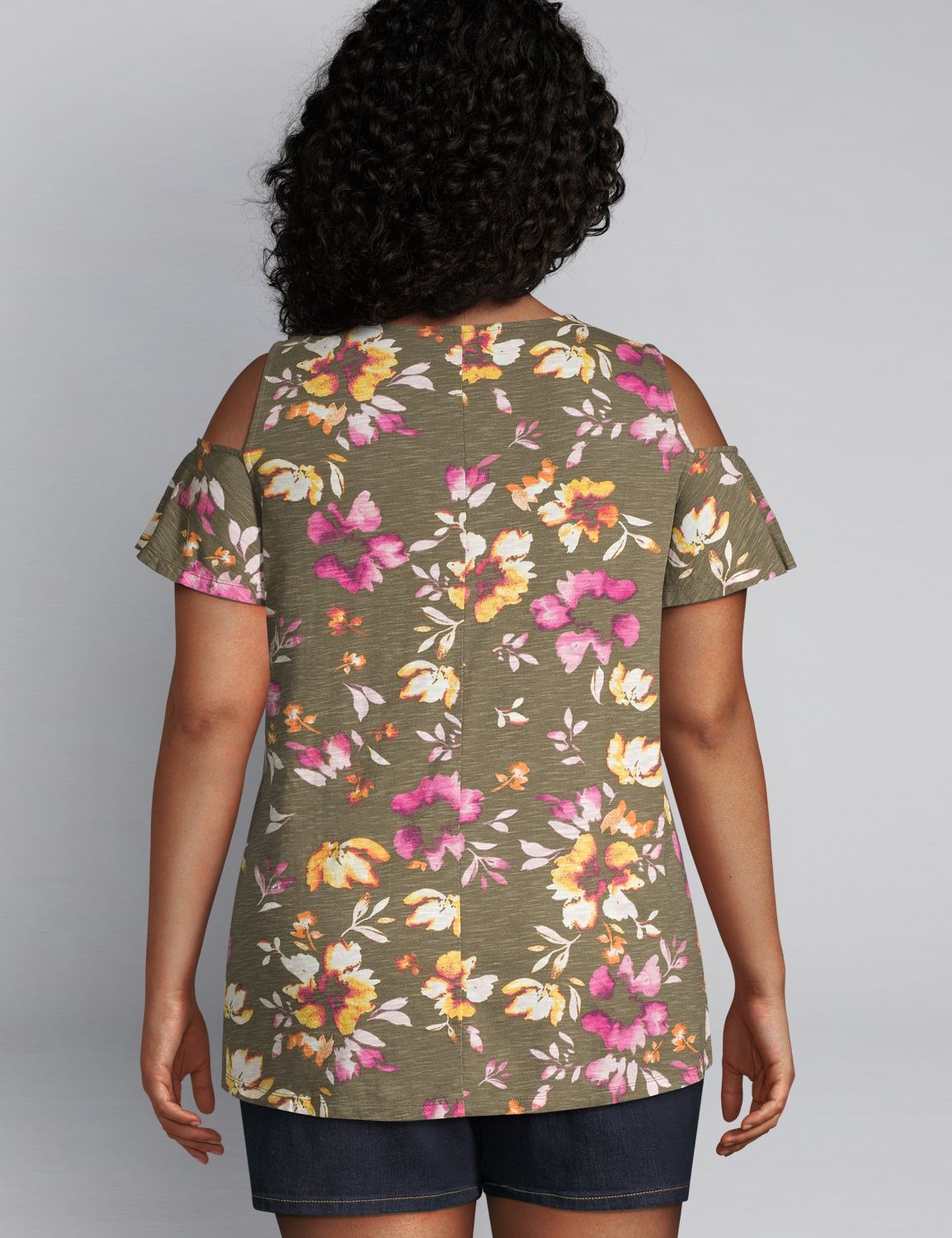 1112274 Cold Shoulder smocked yoke flutter sleeve swing tee (cotton slub):LBSU20364_RomanticWatercoloredFloral_colorway1 Product Image 2