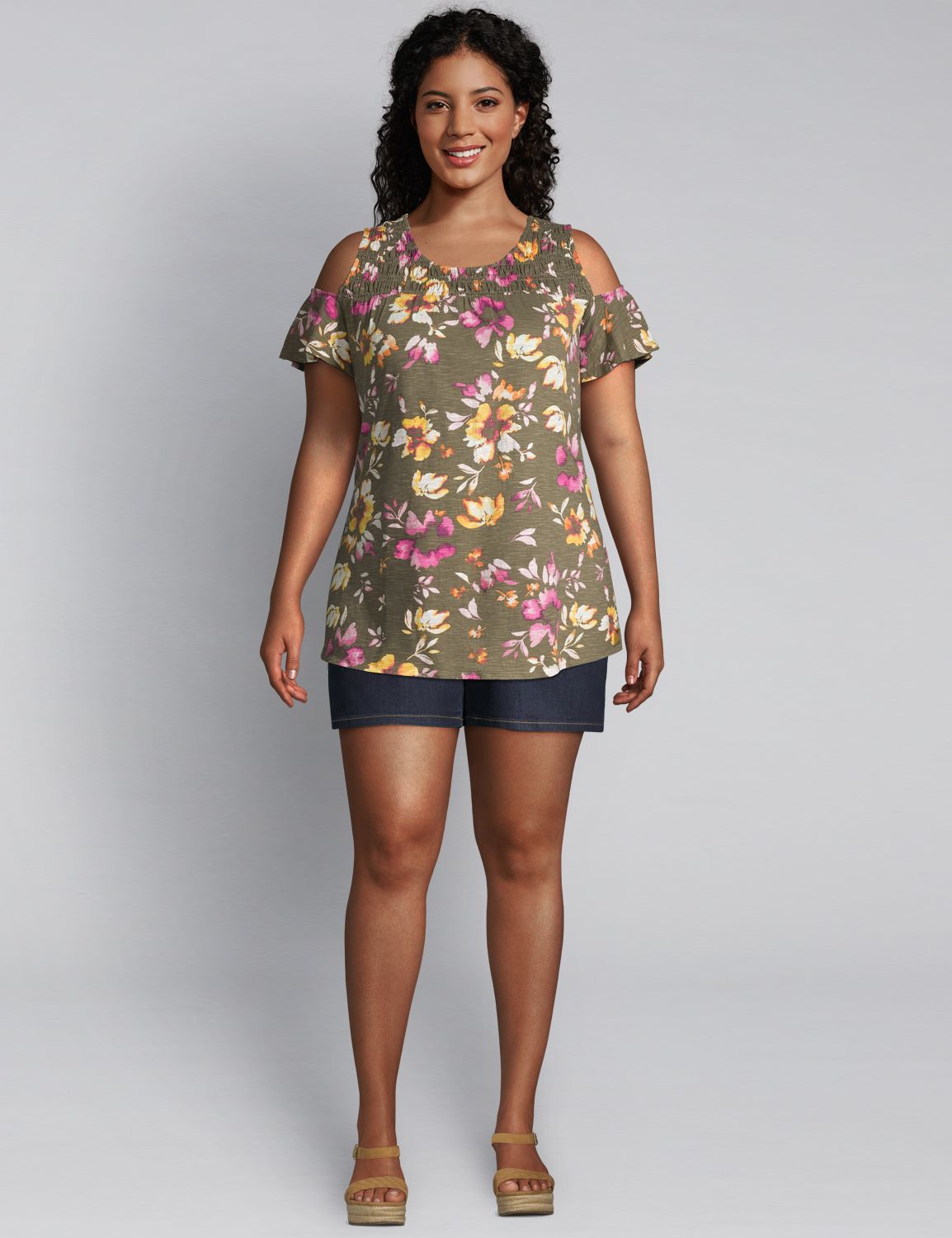 1112274 Cold Shoulder smocked yoke flutter sleeve swing tee (cotton slub):LBSU20364_RomanticWatercoloredFloral_colorway1 Product Image 3