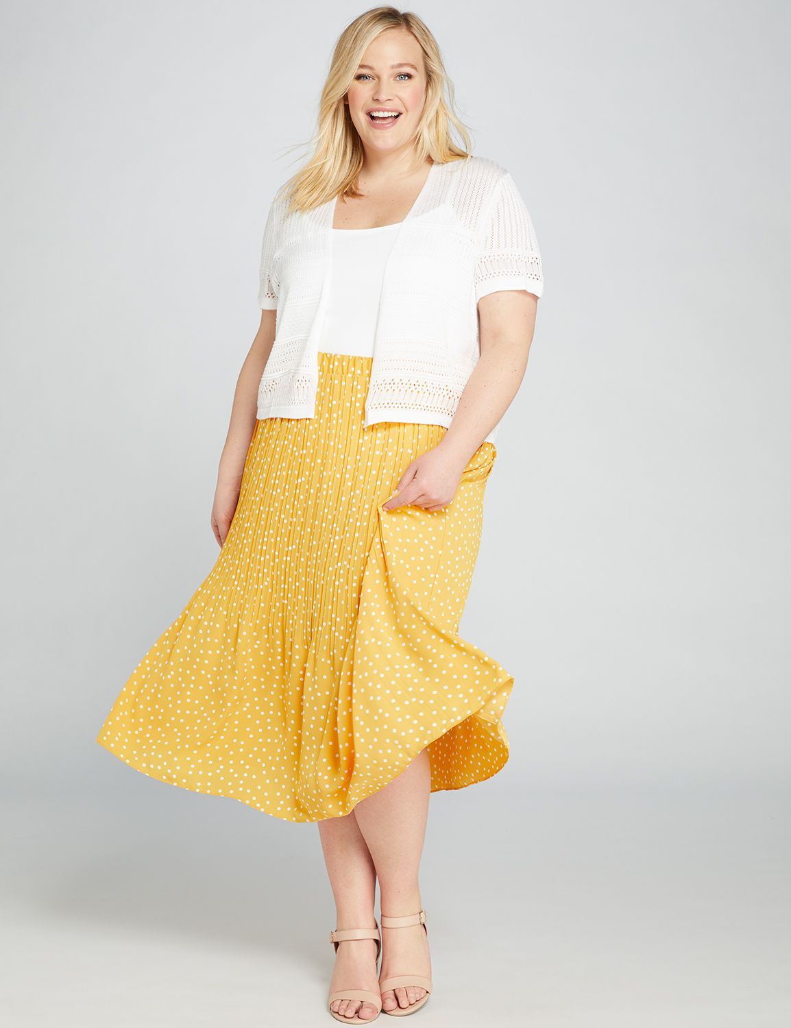 1113015 WOVEN PLEATED MIDI SKIRT:LBSU20370_YellowWhitePolkaDotCrepe_colorway1:18/20 Product Image 1