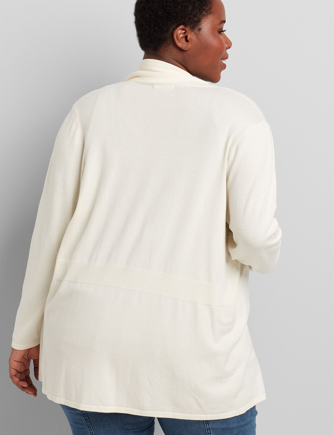 1113141 Long Sleeve Shawl Collar Overpiece with Rib Detail at Back:PANTONE Pristine:10/12 Product Image 2