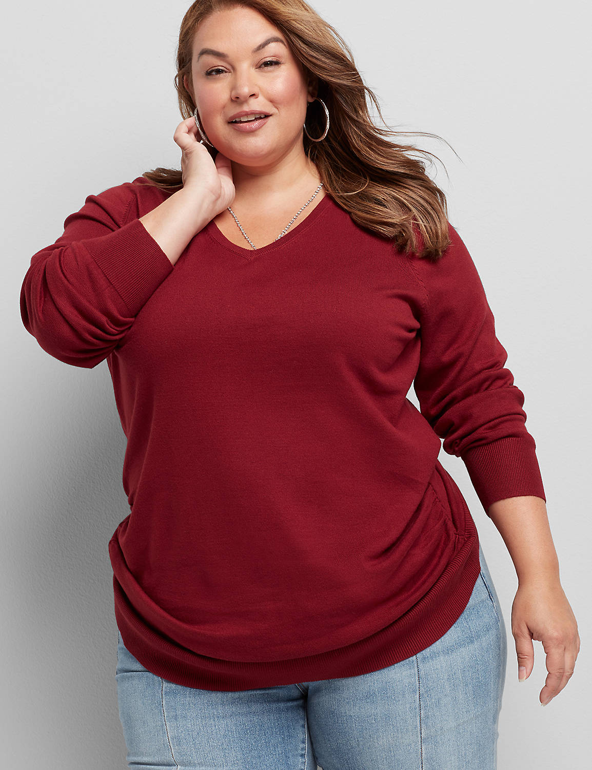 Long Sleeve Vneck Pullover with Shirred Side 1113192:PANTONE Pomegranate:10/12 Product Image 1