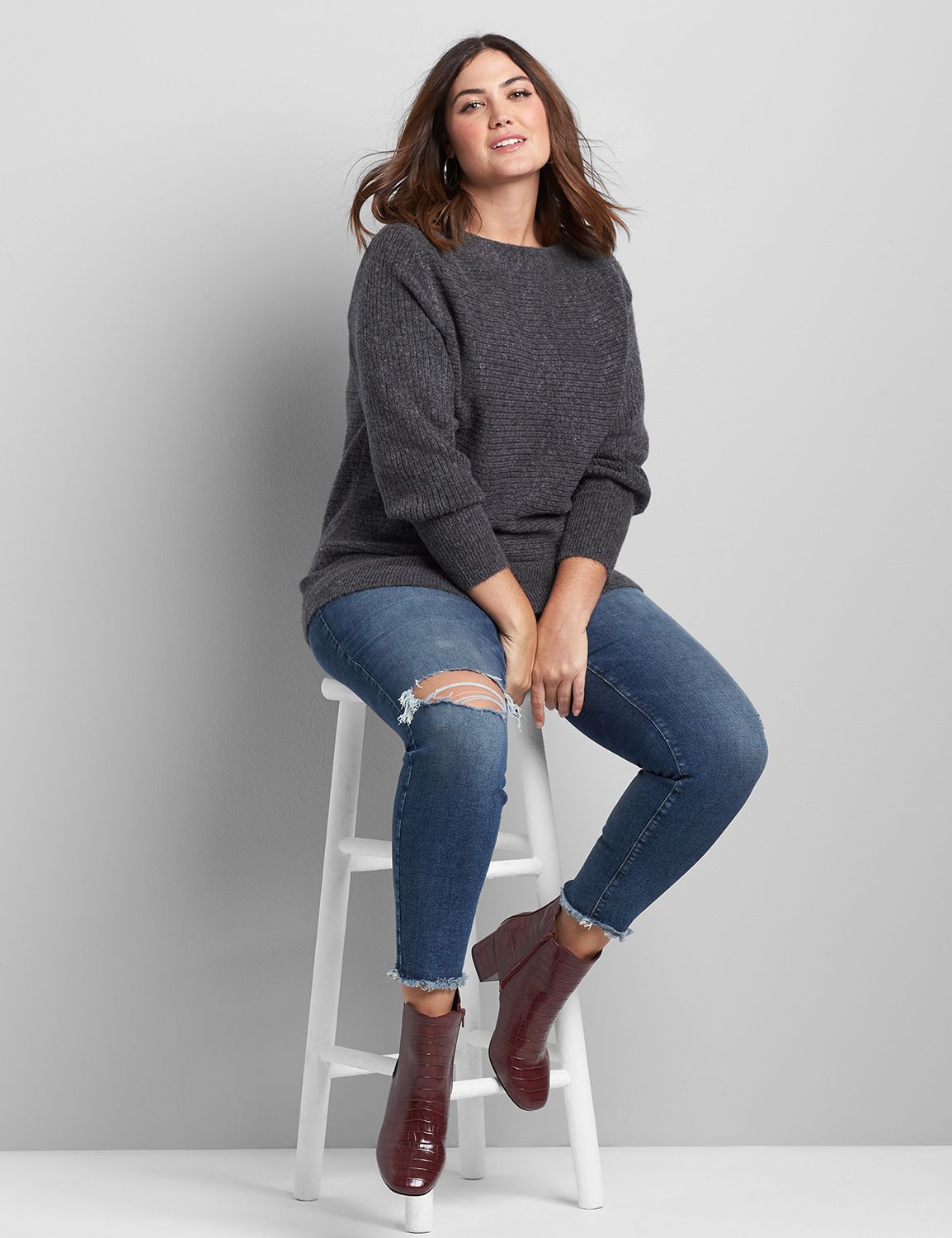 1113145 Long Sleeve Boatneck Pullover in Horizontal Ribbed:Charcoal Heather:22/24 Product Image 3
