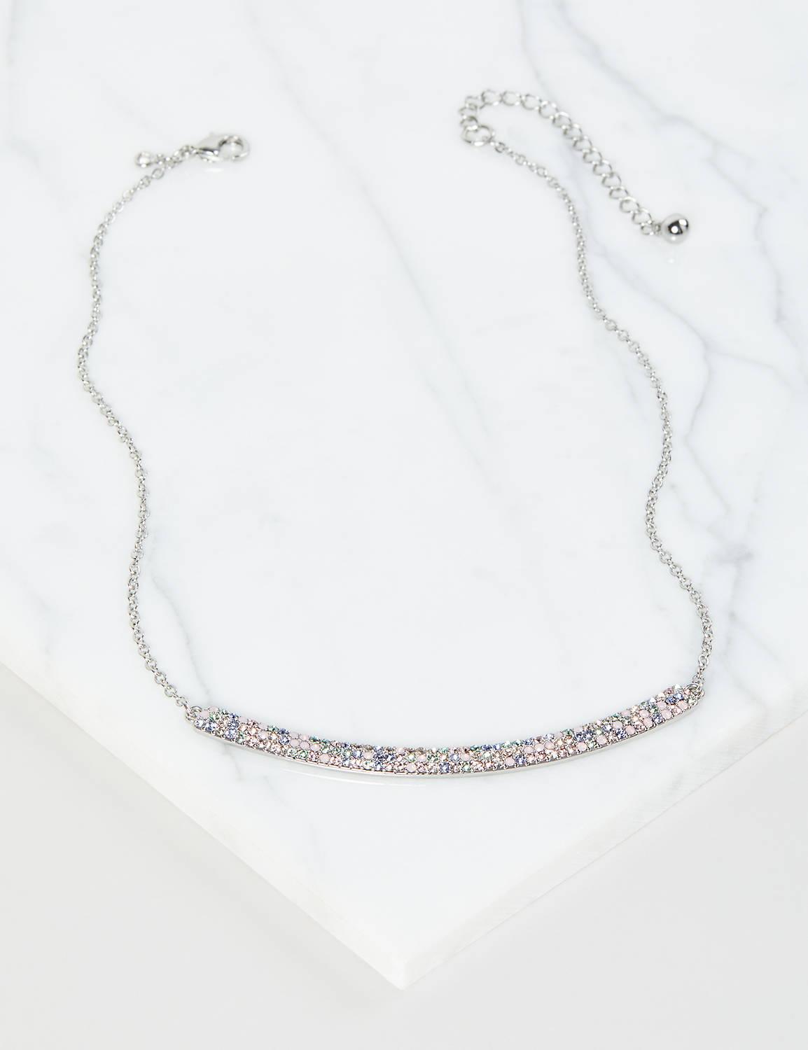 CZ Light Pink and Blue Bar Short Necklace:Silver Tone:ONESZ Product Image 1