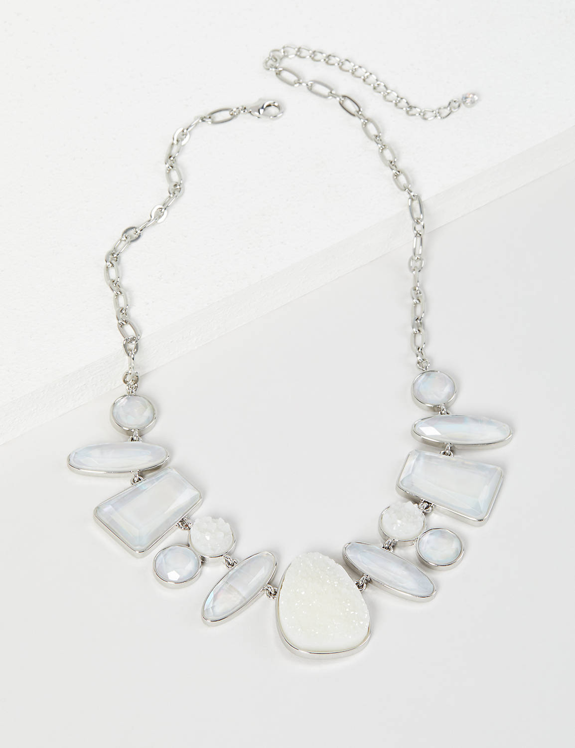 Resin and Druzy Geo Shape Statement Necklace:Silver Tone:ONESZ Product Image 1