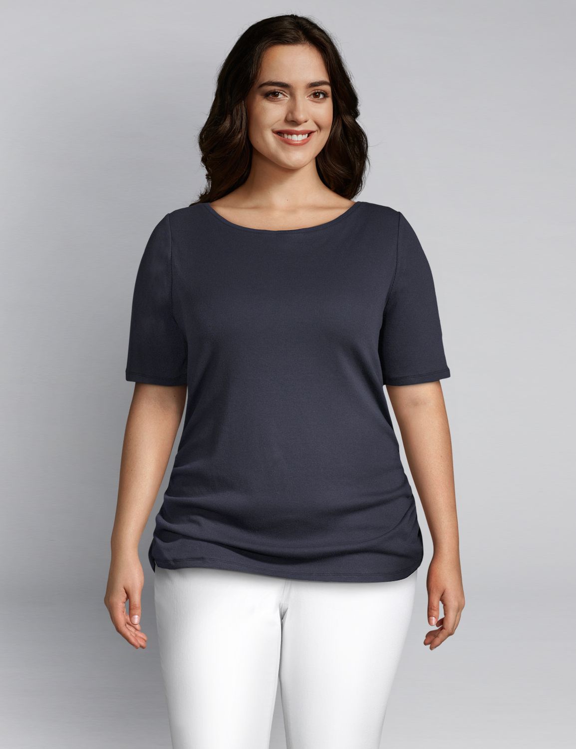 1115443 Modest slv boatneck 2x2 rib side ruched top:PANTONE Night Sky:18/20 Product Image 1