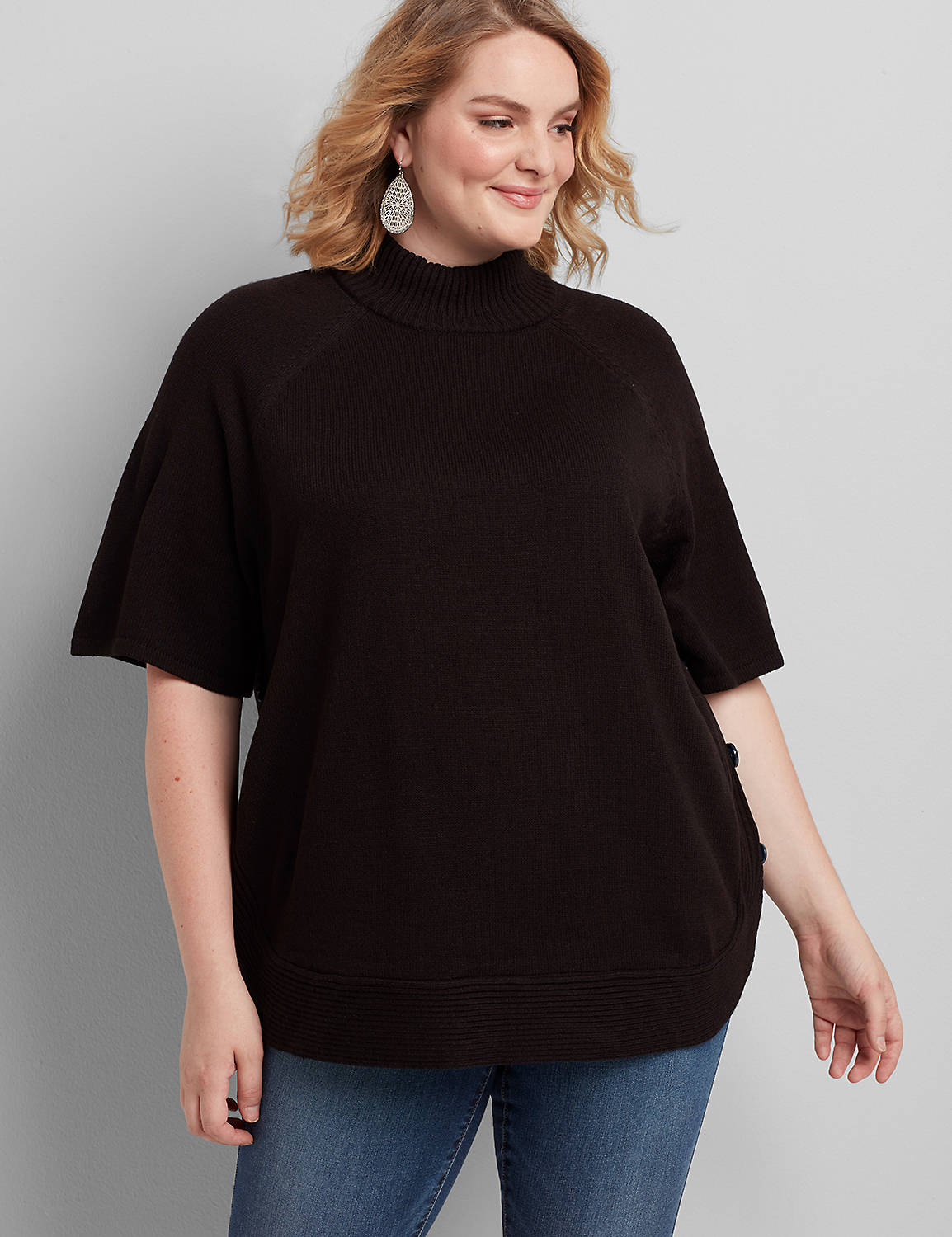 SHORT SLEEVE MOCK NECK BUTTON SIDE PONCHO 1113568:Pitch Black LB 1000322:22/24 Product Image 1