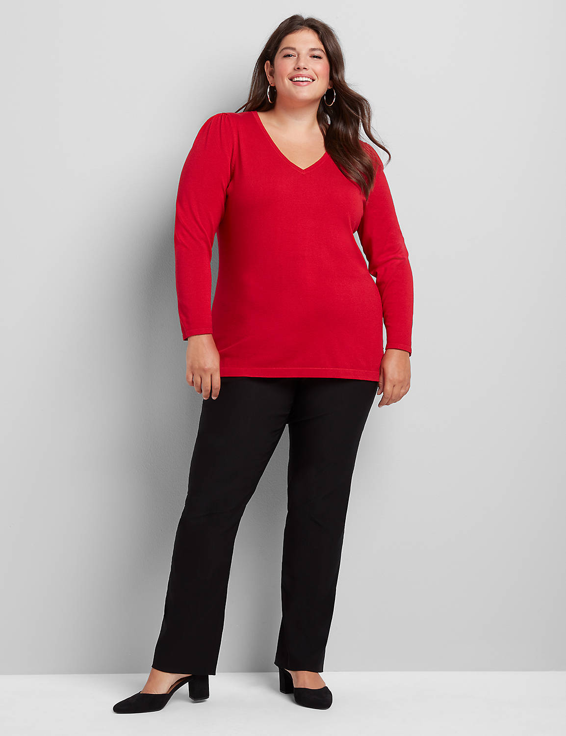 3/4 Sleeve Vneck Shirred Shoulder Sweater:PANTONE Haute Red:10/12 Product Image 3