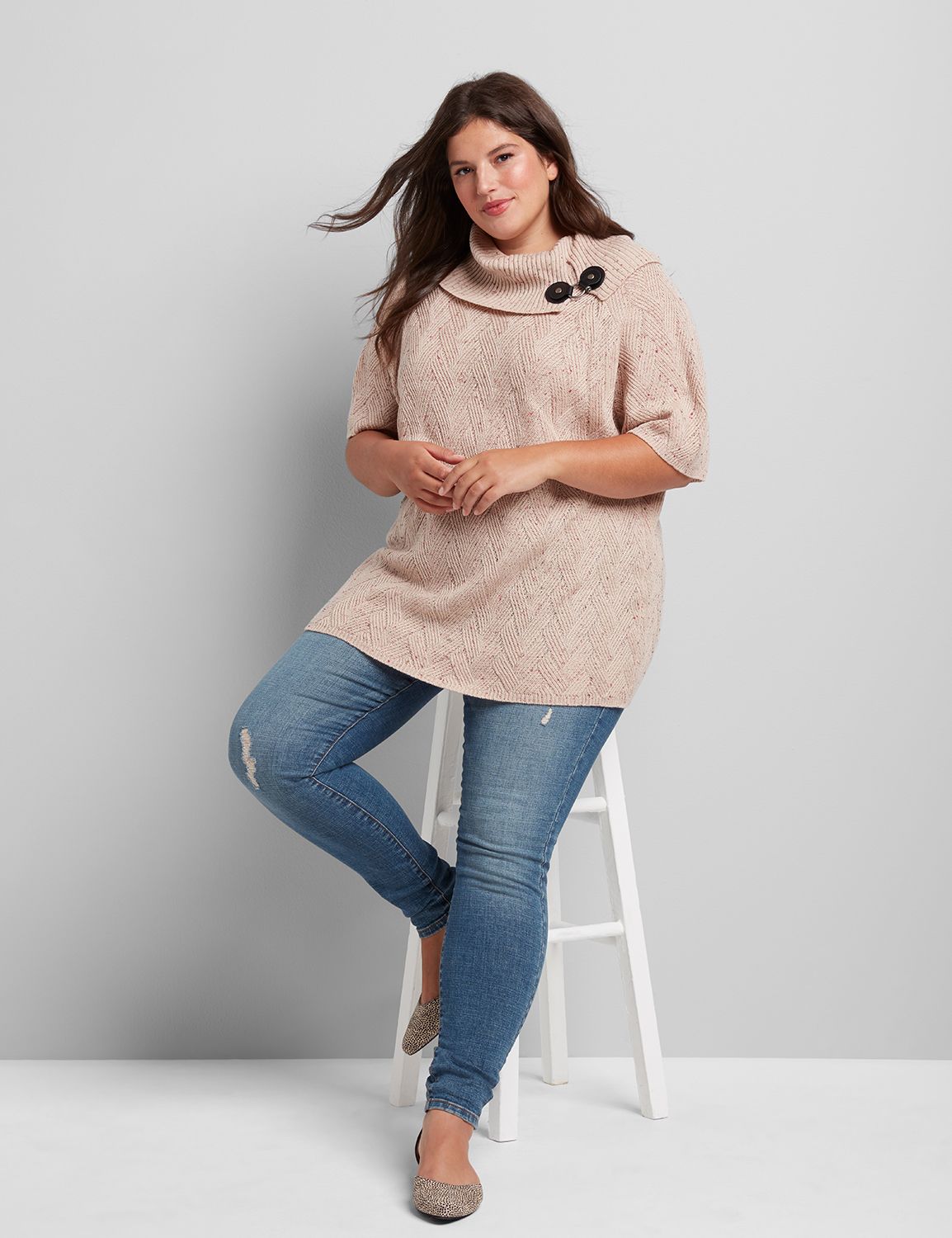 Short Sleeve Toggle Cowl Poncho:Pale Khaki Donegal - as sample (LBO):14/16 Product Image 3