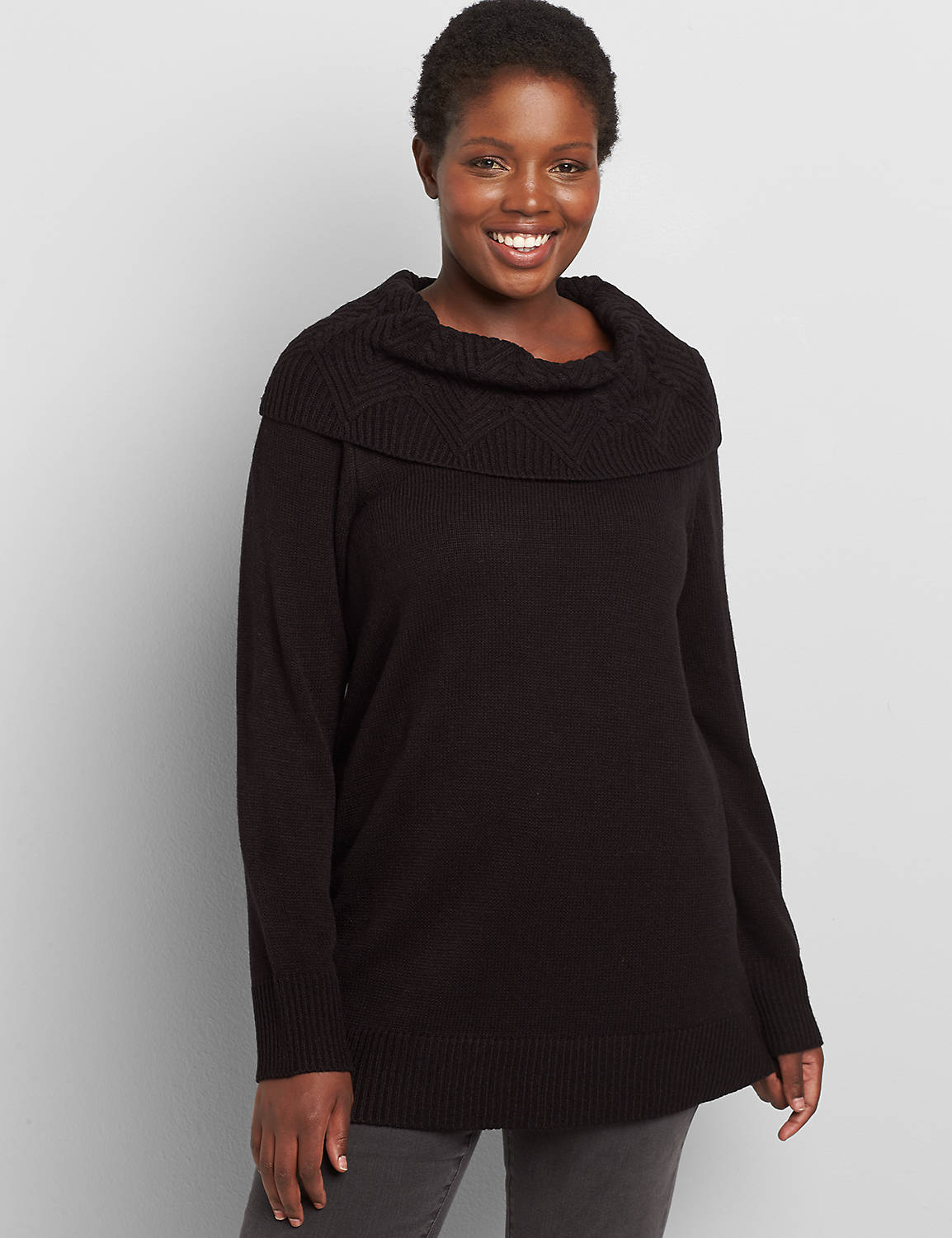 OUTLET LONG SLEEVE COWL POINTELLE TUNIC SWEATER 1113638:Pitch Black LB 1000322:14/16 Product Image 1