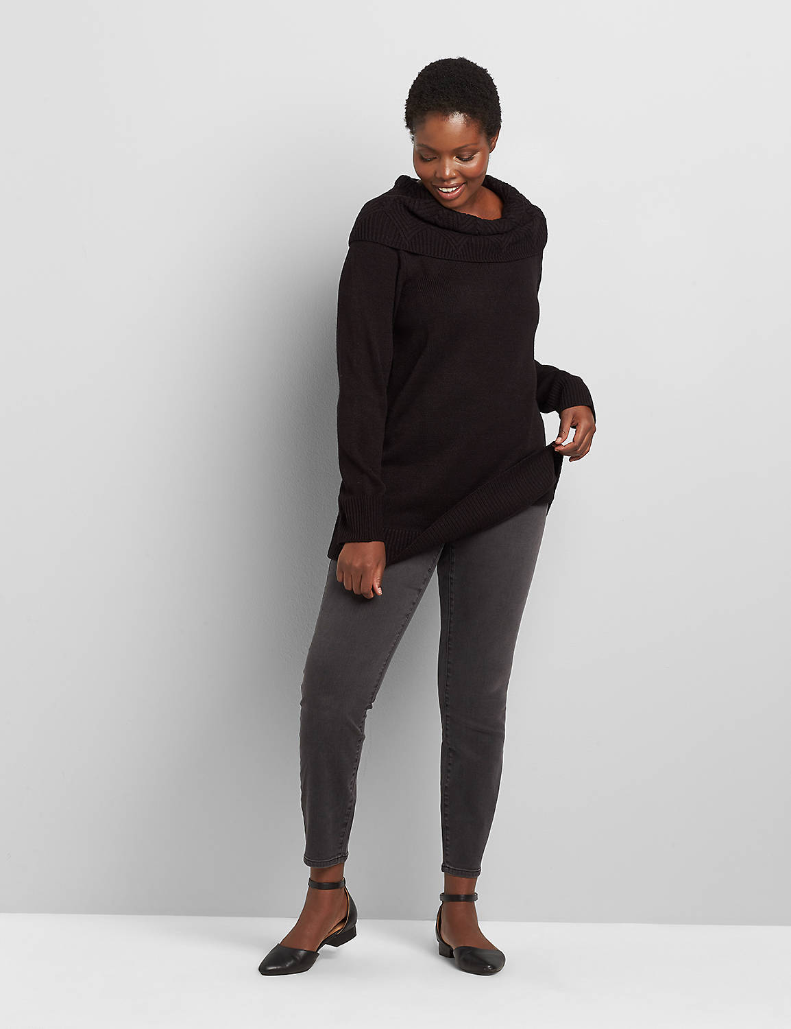 OUTLET LONG SLEEVE COWL POINTELLE TUNIC SWEATER 1113638:Pitch Black LB 1000322:14/16 Product Image 3