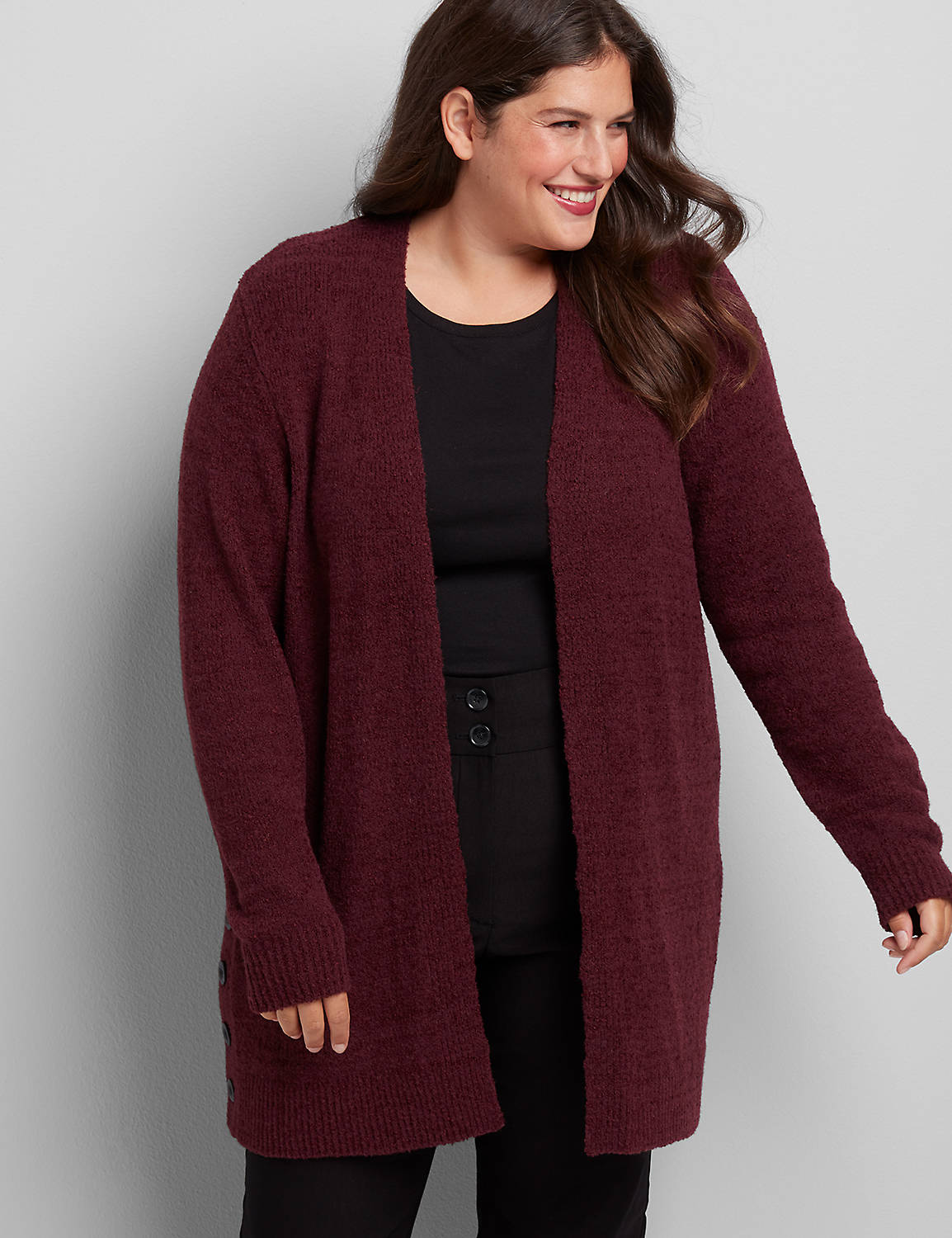 Long Sleeve Open Front Side Button Vent Cardigan :PANTONE Winetasting:10/12 Product Image 1