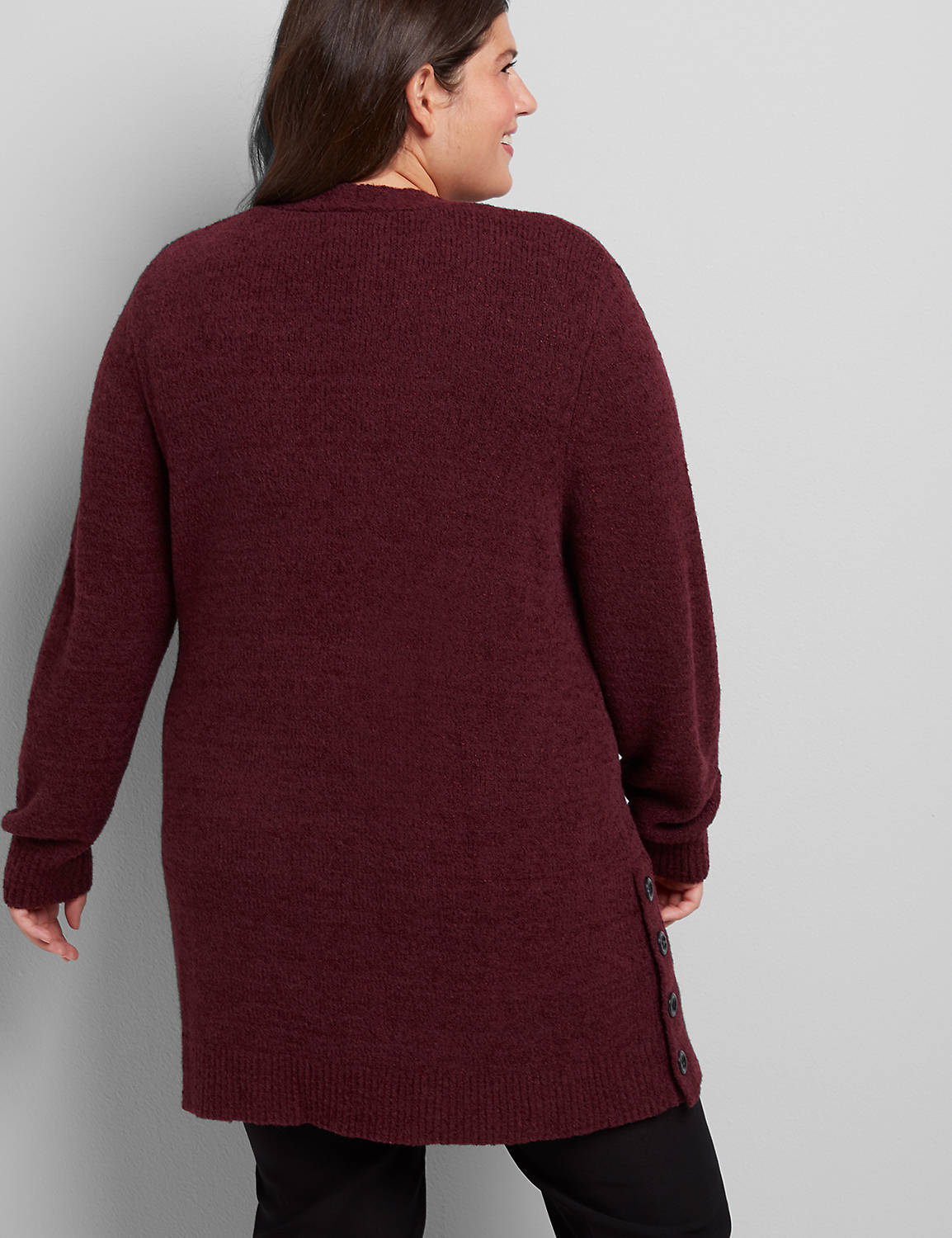 Long Sleeve Open Front Side Button Vent Cardigan :PANTONE Winetasting:10/12 Product Image 2