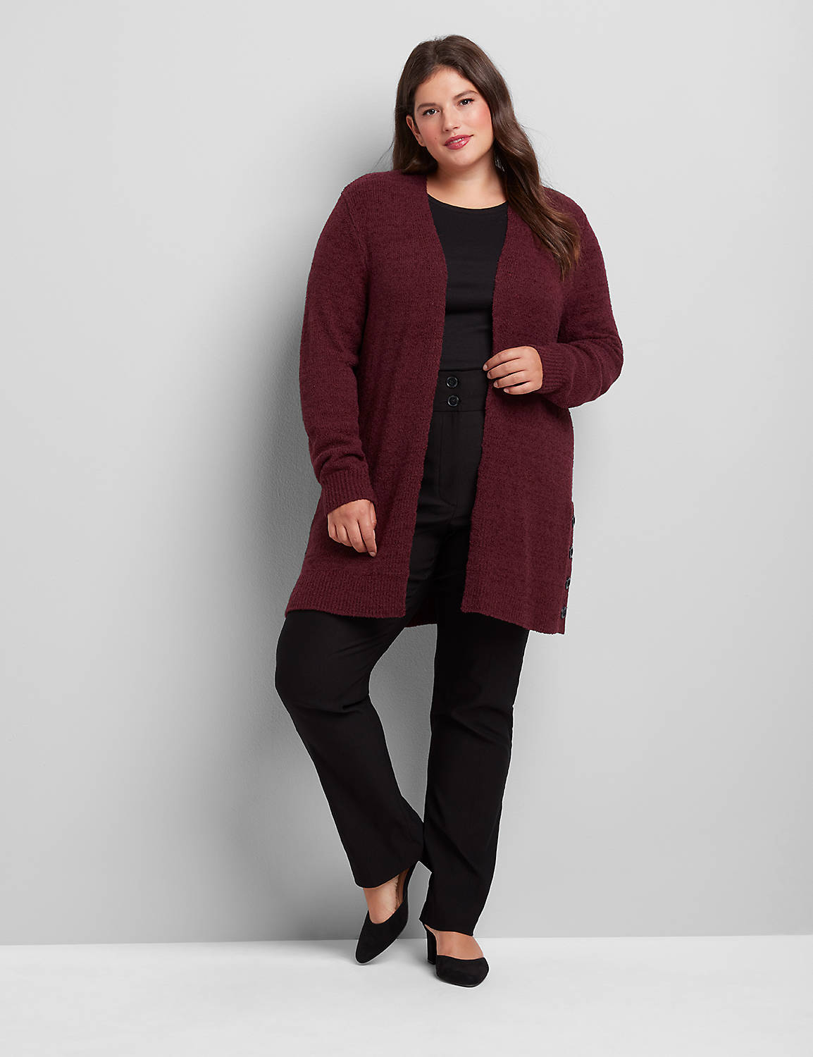 Long Sleeve Open Front Side Button Vent Cardigan :PANTONE Winetasting:10/12 Product Image 3
