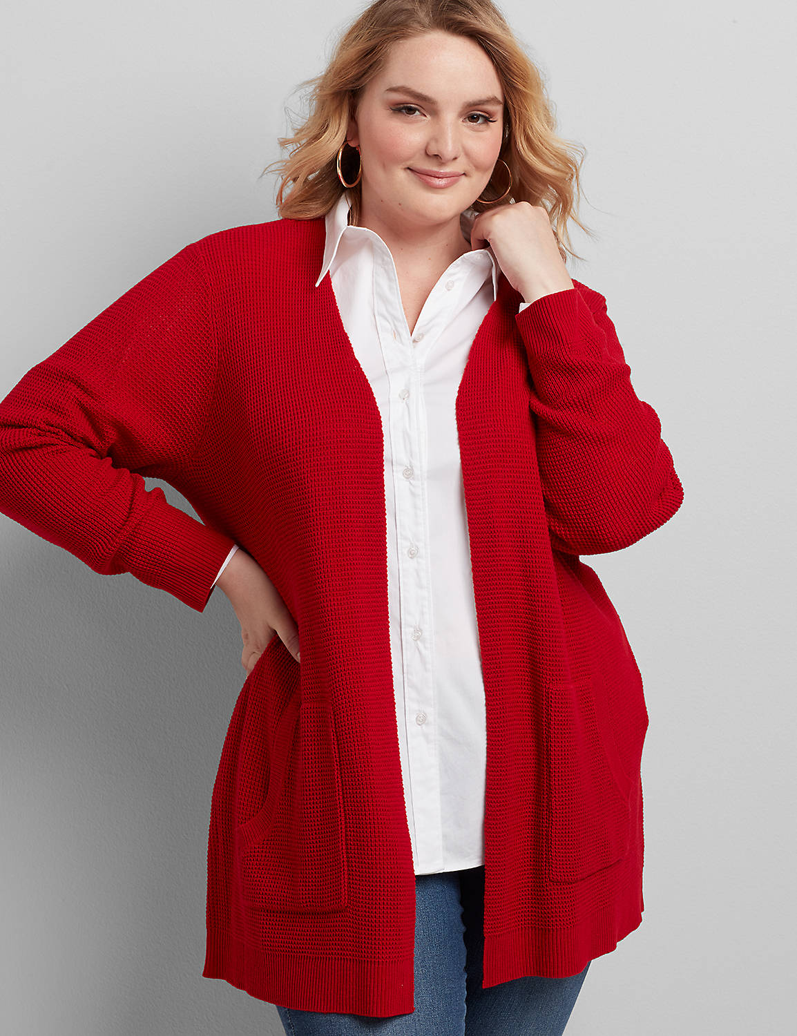 LONG SLEEVE OPEN FRONT PATCH POCKET WAFFLE STITCH CARDIGAN 1113637:PANTONE Haute Red:10/12 Product Image 1