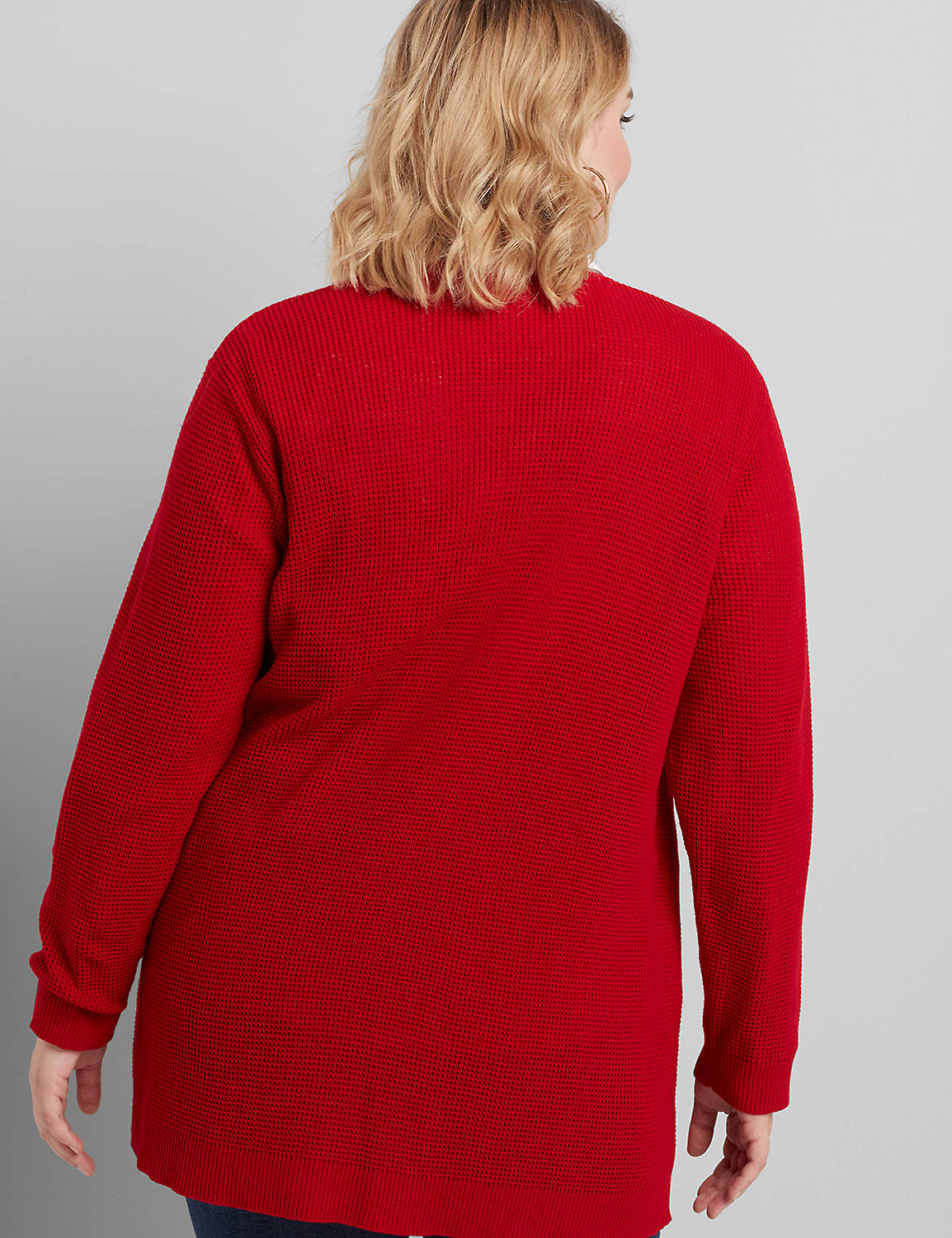 LONG SLEEVE OPEN FRONT PATCH POCKET WAFFLE STITCH CARDIGAN 1113637:PANTONE Haute Red:10/12 Product Image 2