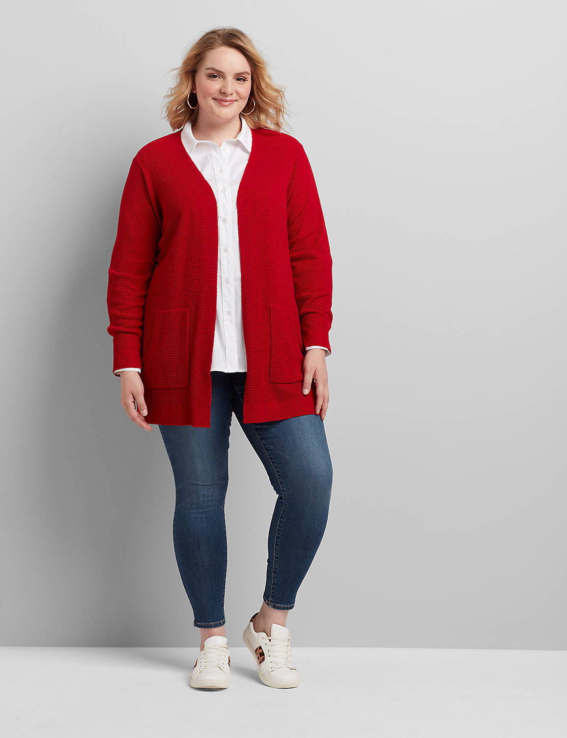 LONG SLEEVE OPEN FRONT PATCH POCKET WAFFLE STITCH CARDIGAN 1113637:PANTONE Haute Red:10/12 Product Image 3