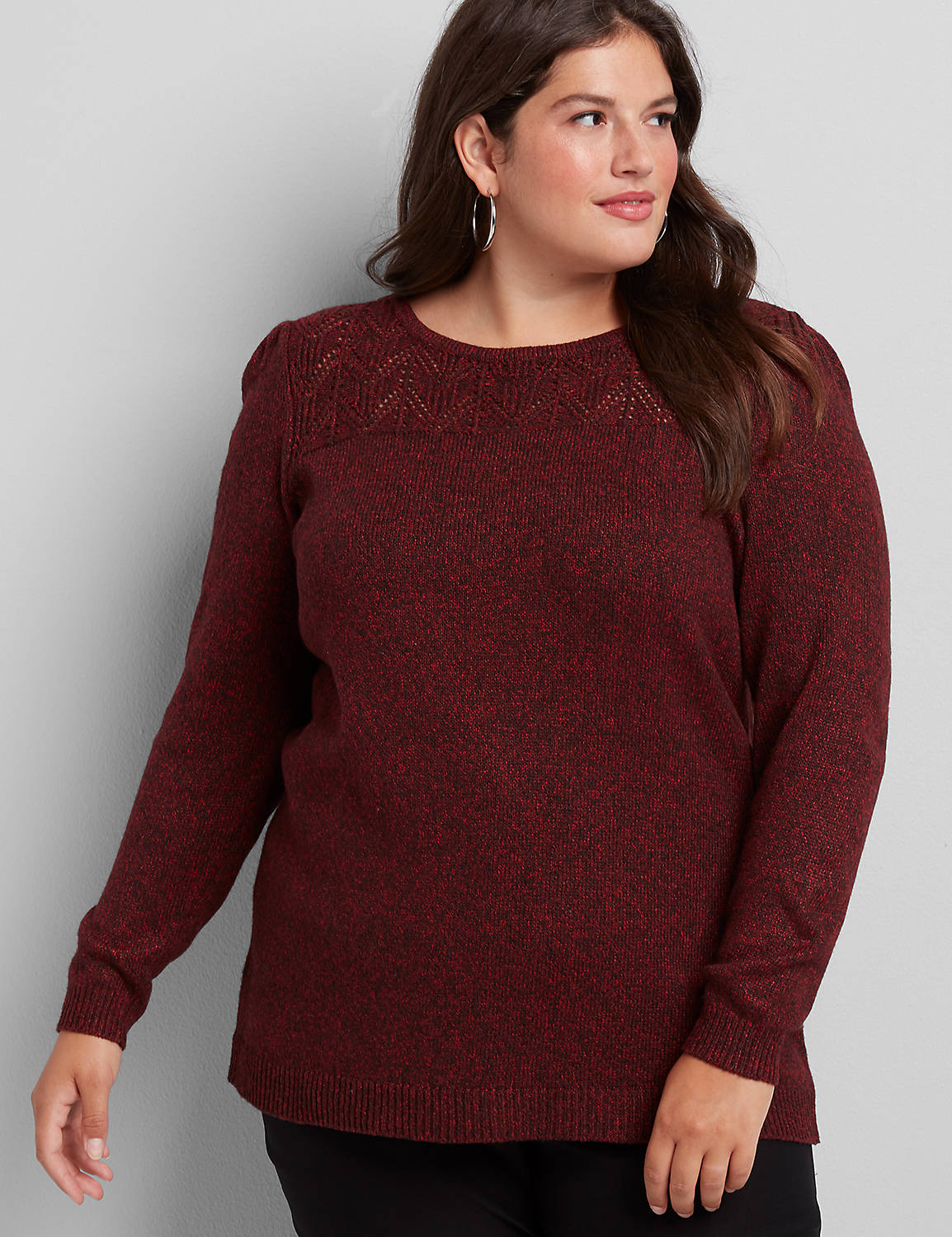 3/4 Sleeve Scoop Neck Pointelle Yoke Marled Sweater:PANTONE Haute Red:10/12 Product Image 1
