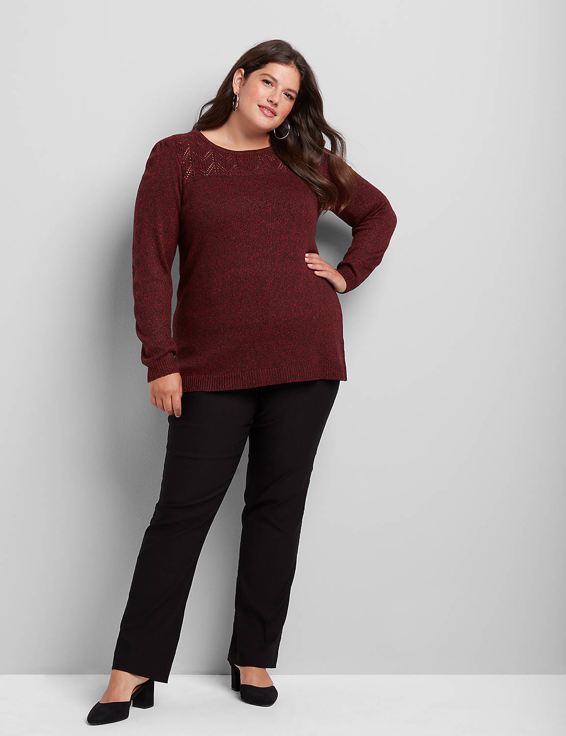 3/4 Sleeve Scoop Neck Pointelle Yoke Marled Sweater:PANTONE Haute Red:10/12 Product Image 3