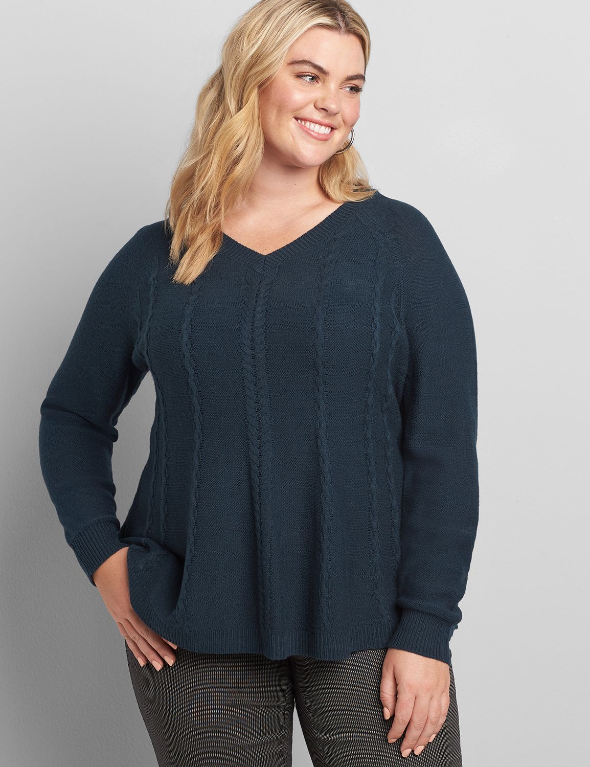 Lane Essentials V-Neck Cable-Stitch Swing Sweater