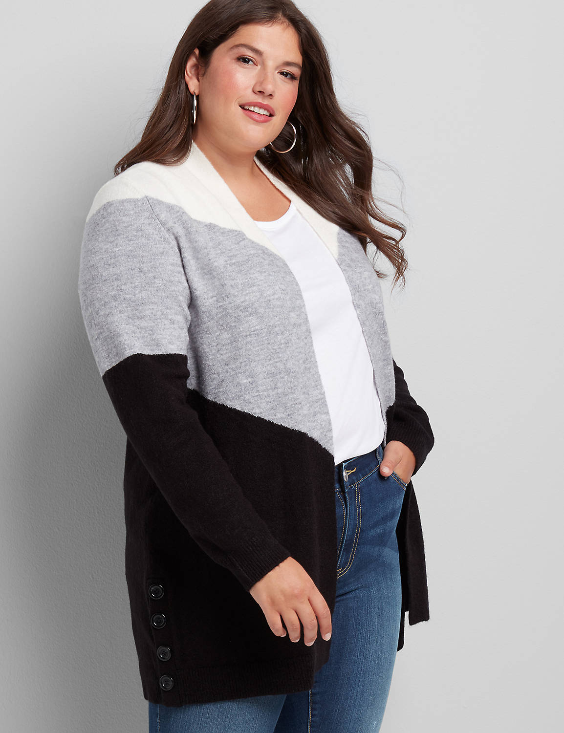 Long Sleeve Open Front Side Button Vent Cardigan :Gardenia/ Med Heather Grey/ Charcoal Heather Stripe:10/12 Product Image 1