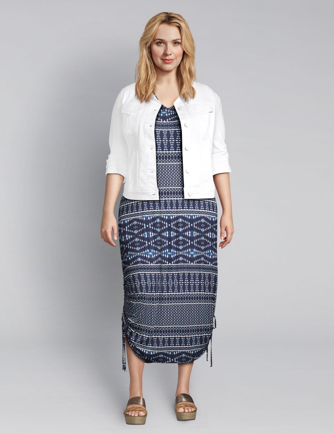1114835 Sleeveless Vneck Side Ruched Midi - 190:LBSU20185_NapaDiamondStripe_colorway1:14/16 Product Image 3