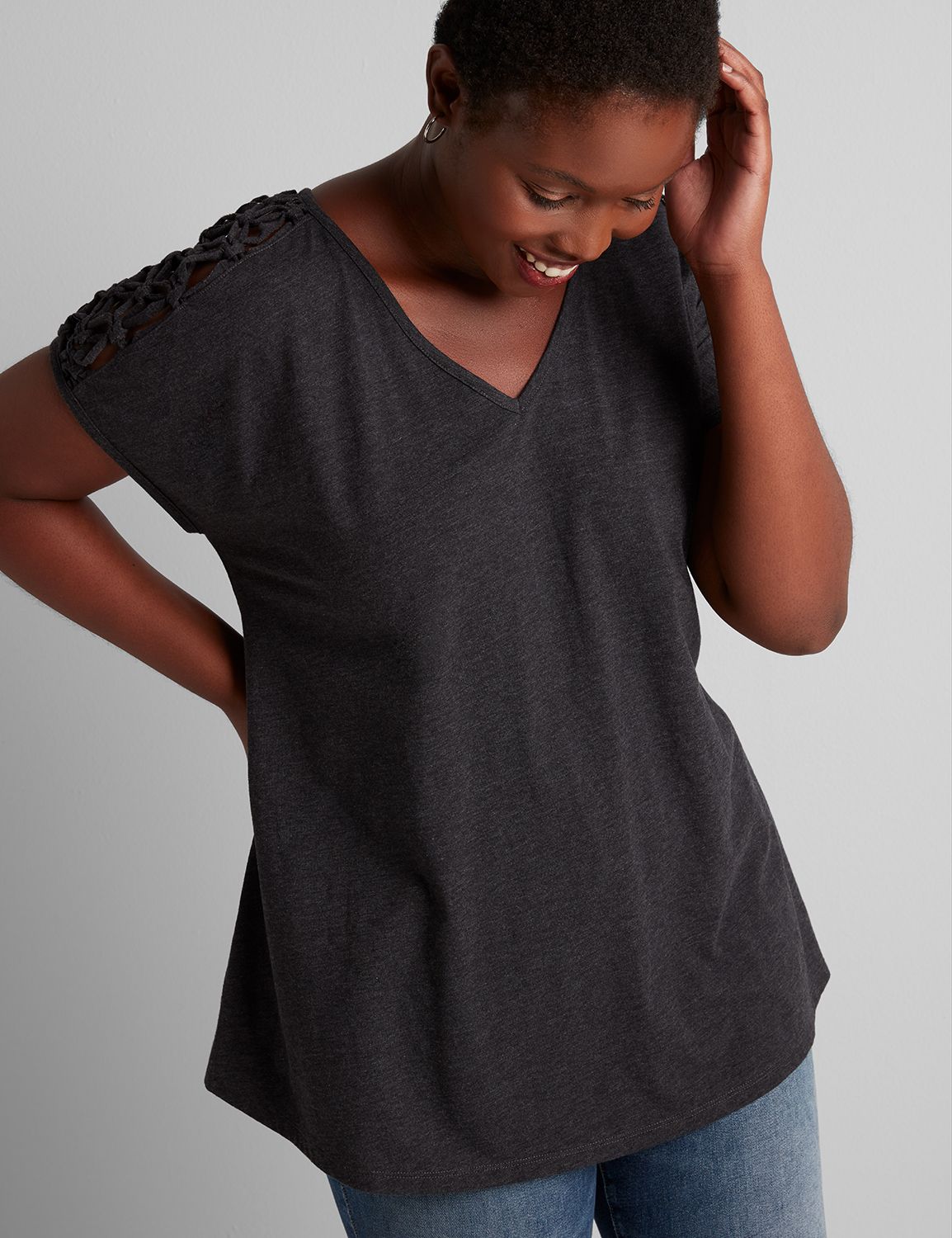 1114995 Copy of 1113504 Macrame Shoulder Detail Drapey Tee:B85 Dark Heather Grey:14/16 Product Image 1