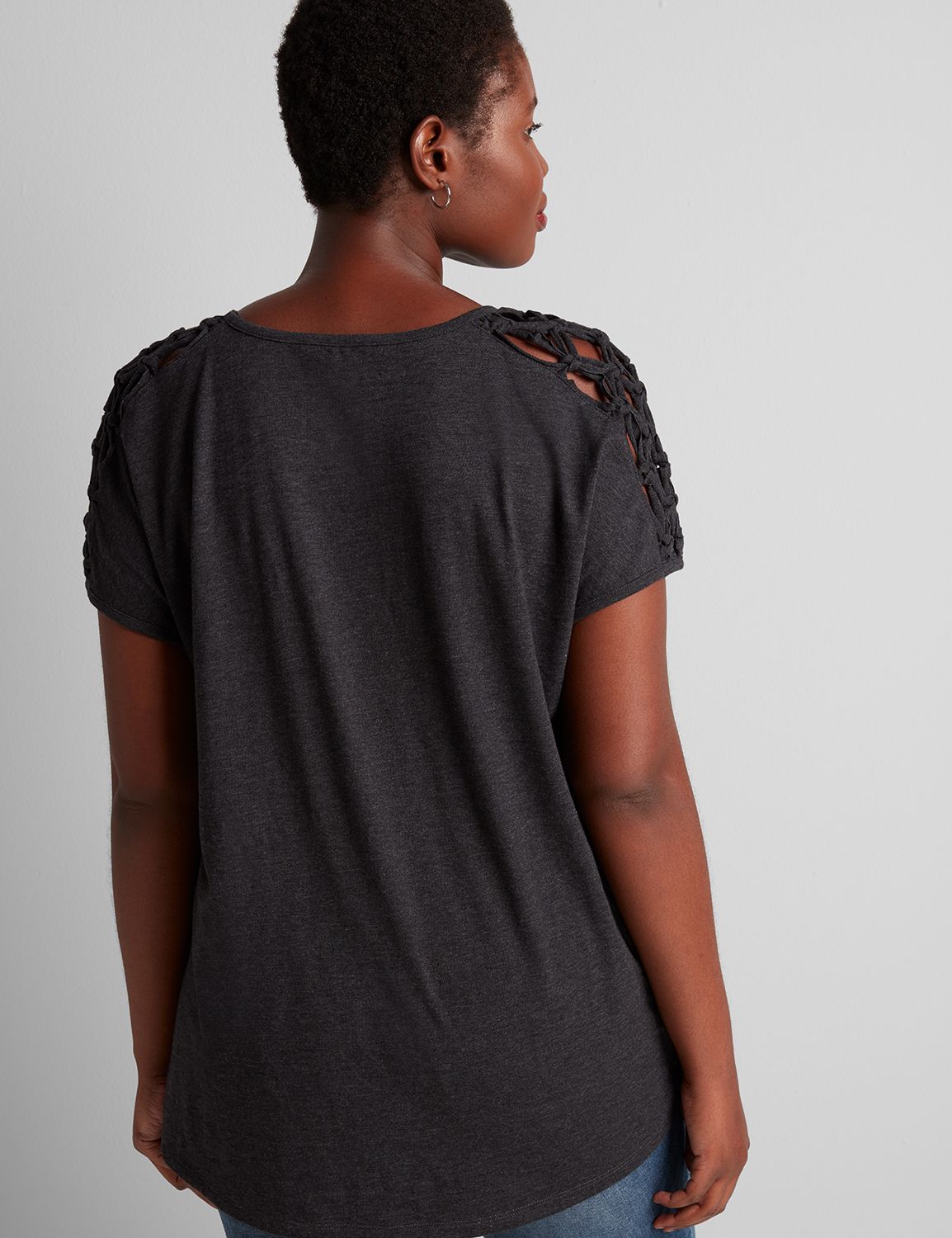 1114995 Copy of 1113504 Macrame Shoulder Detail Drapey Tee:B85 Dark Heather Grey:14/16 Product Image 2