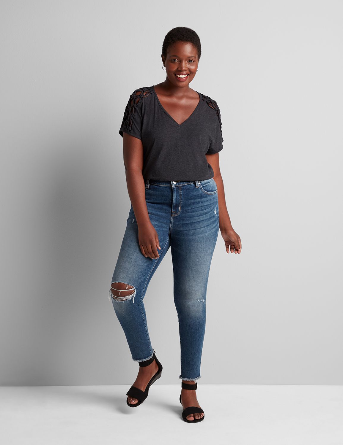 1114995 Copy of 1113504 Macrame Shoulder Detail Drapey Tee:B85 Dark Heather Grey:14/16 Product Image 3
