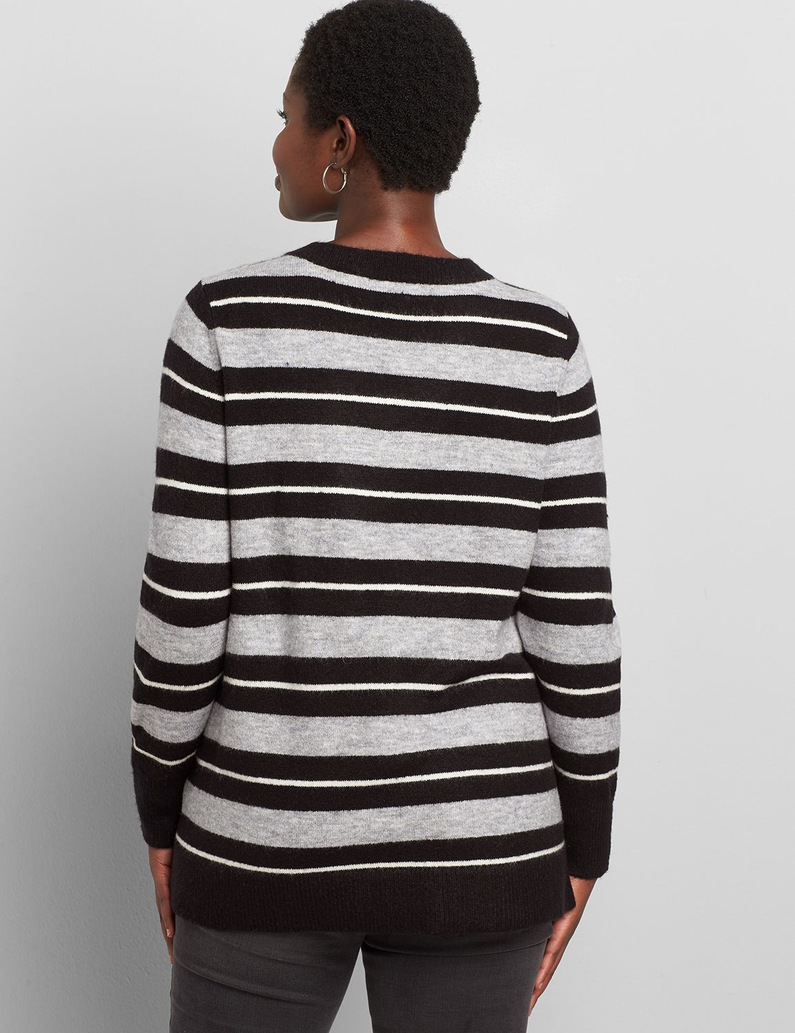 OUTLET LONG SLEEVE V NECK SIDE SPLIT SWEATER 1113654:Black/ Lt Grey Heather/ Gardenia Stripe:14/16 Product Image 2