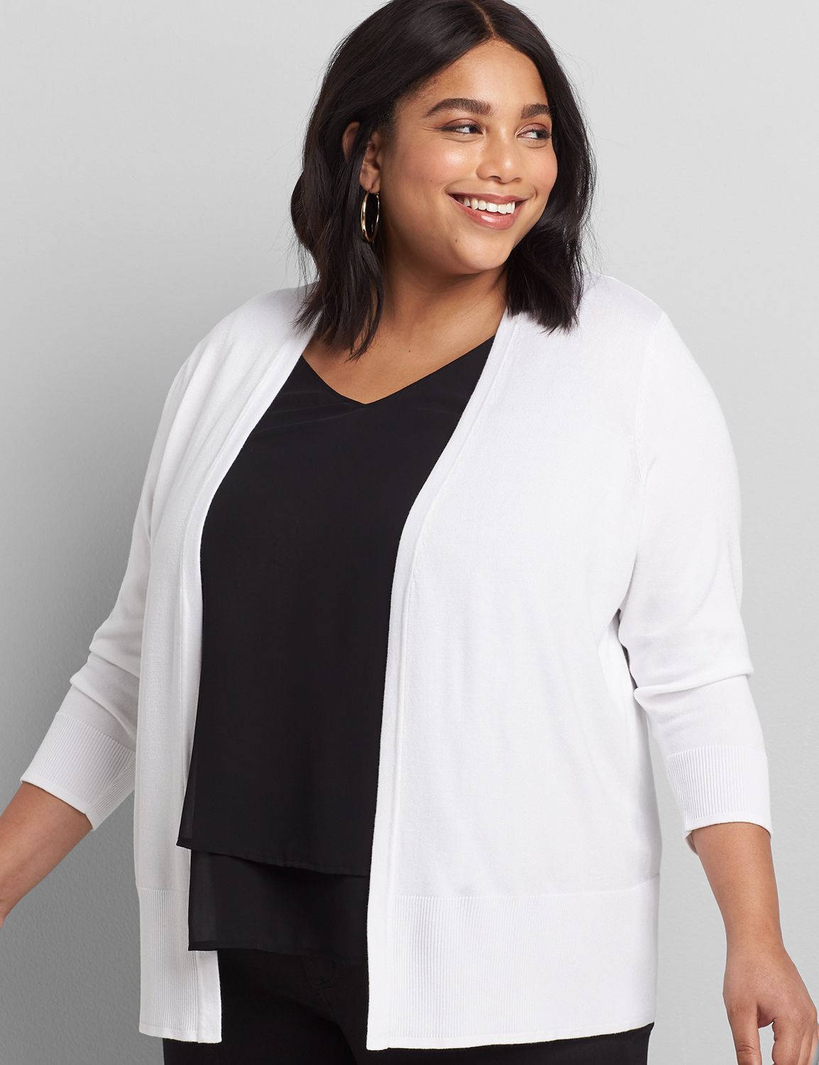 3/4-Sleeve Open-Front Cardigan, LaneBryant