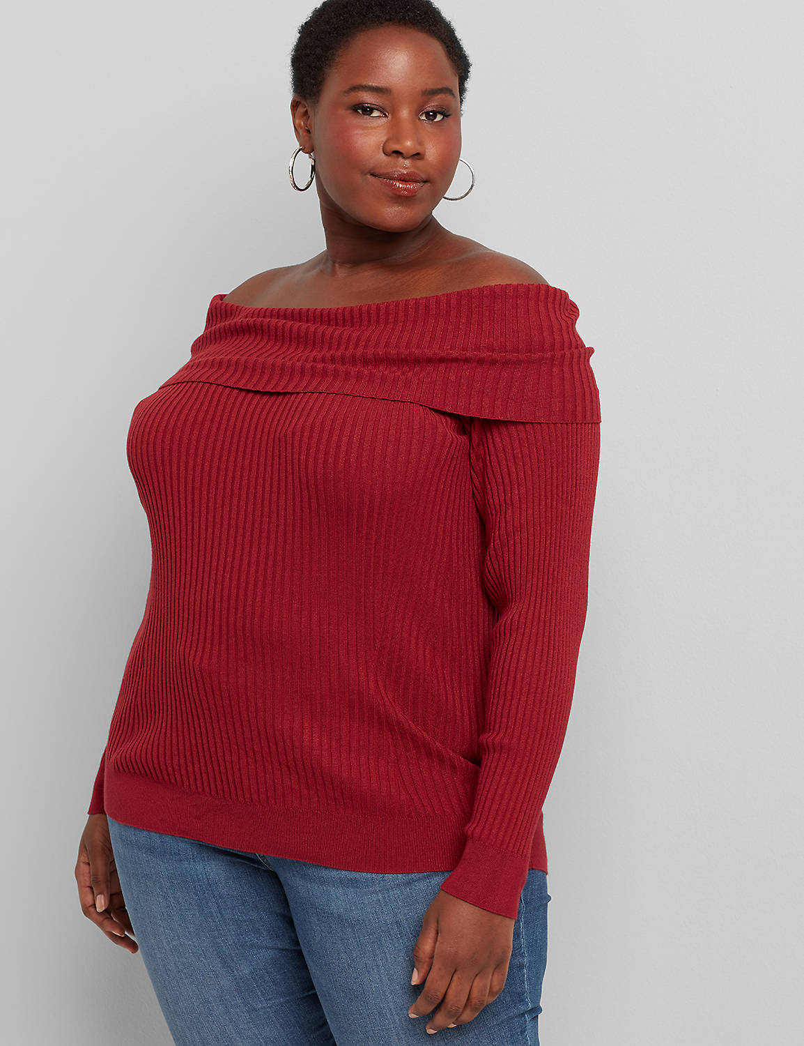 1115608 Long Sleeve Off the Shoulder Pullover in Rib:PANTONE Pomegranate:26/28 Product Image 1