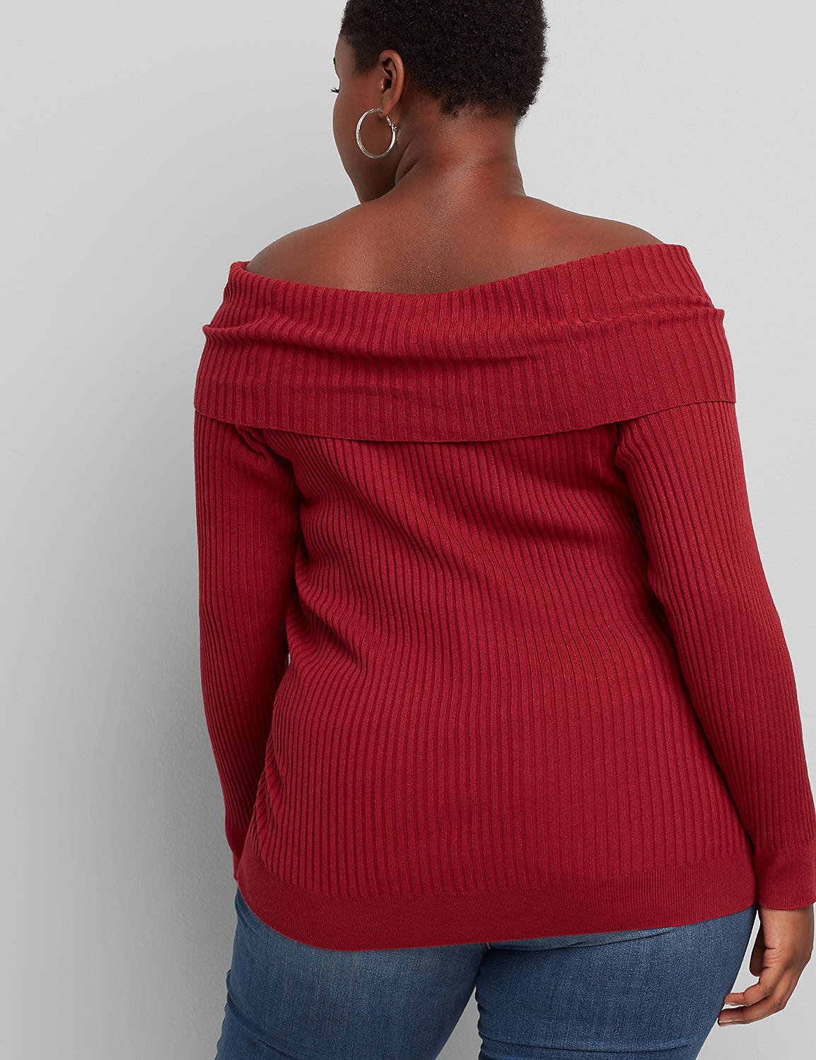 1115608 Long Sleeve Off the Shoulder Pullover in Rib:PANTONE Pomegranate:26/28 Product Image 2