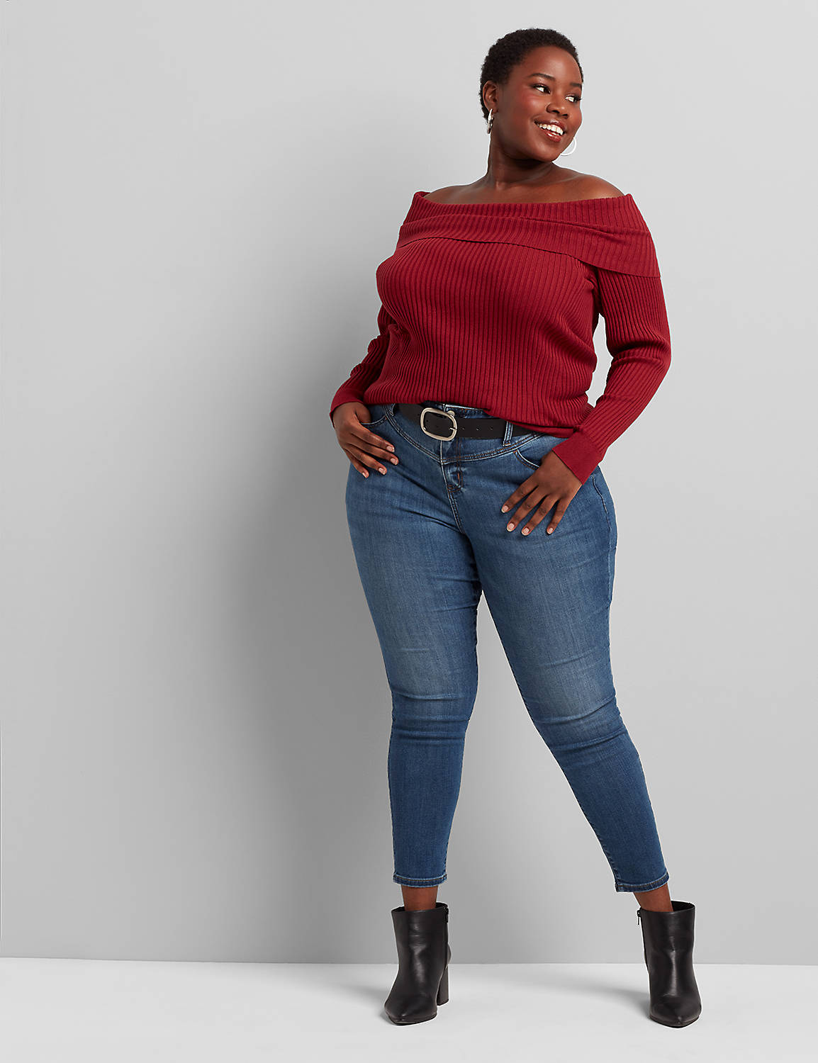 1115608 Long Sleeve Off the Shoulder Pullover in Rib:PANTONE Pomegranate:26/28 Product Image 3