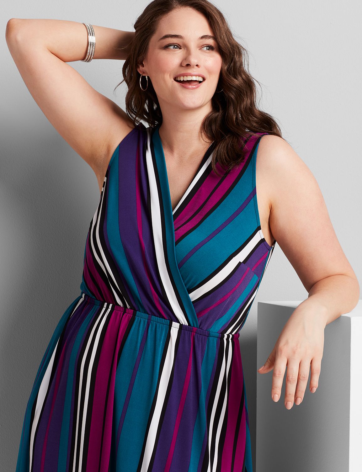 SLVLS FAUX WRAP FIT AND FLARE:LBSU20431_SummerMultiStripe_colorway4:14/16 Product Image 3