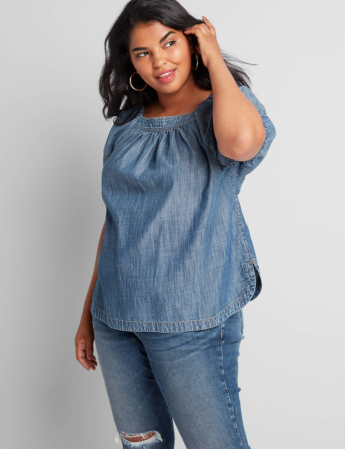 Short Sleeve Square Neck Popover Chambray Top 1114556:Denim Chambray:12 Product Image 1