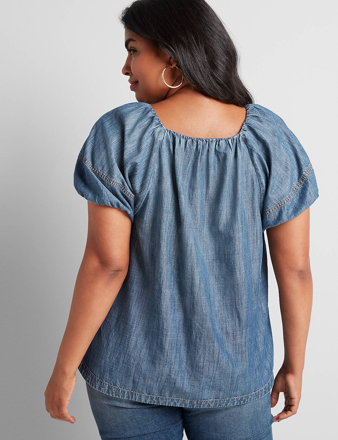 Short Sleeve Square Neck Popover Chambray Top 1114556:Denim Chambray:12 Product Image 2
