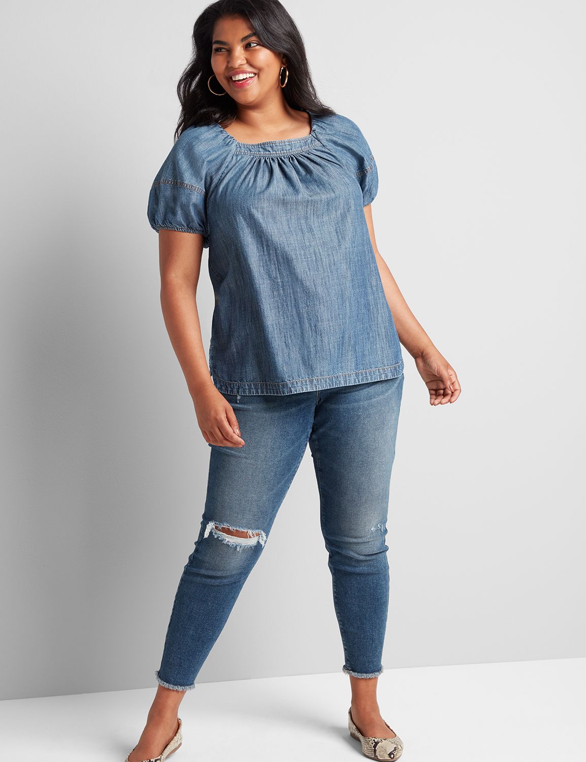 Short Sleeve Square Neck Popover Chambray Top 1114556:Denim Chambray:14 Product Image 3