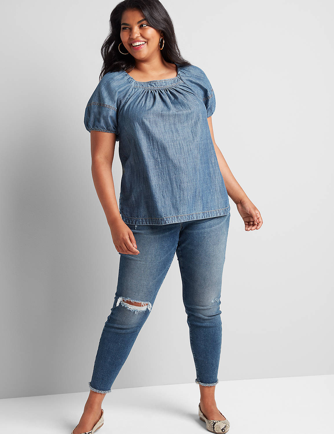 Short Sleeve Square Neck Popover Chambray Top 1114556:Denim Chambray:12 Product Image 3