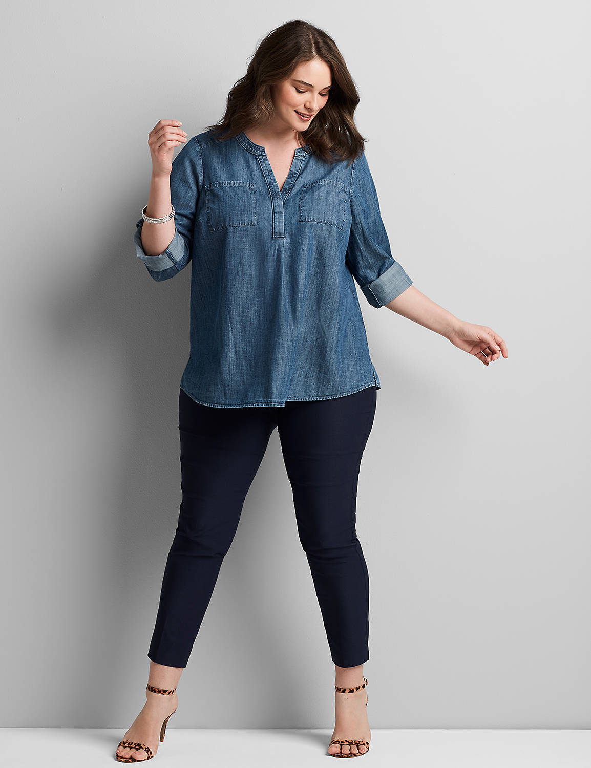 Long Sleeve Split Neck Popover Camp Shirt Chambray1114561:Denim Chambray:12 Product Image 3