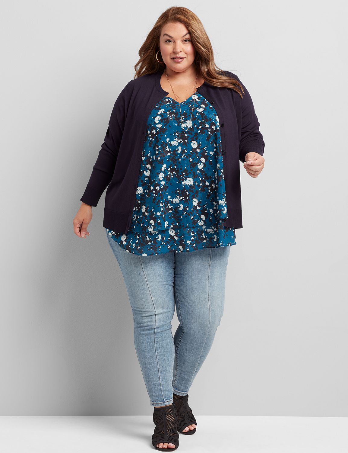 Long Sleeve Crew Neck Button Modern Front Cardigan 1116316:PANTONE Night Sky:14/16 Product Image 3
