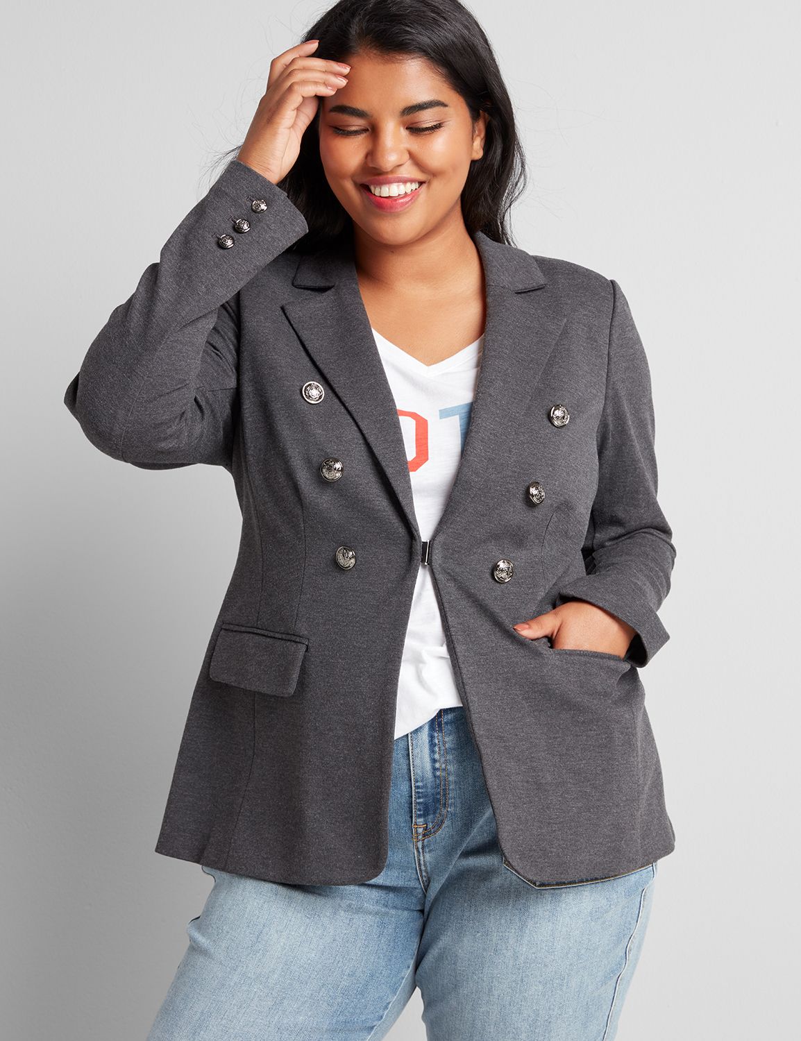 Image of Lane Bryant Women's Bryant Blazer - Double Breasted Ponte  Dark Heather Grey