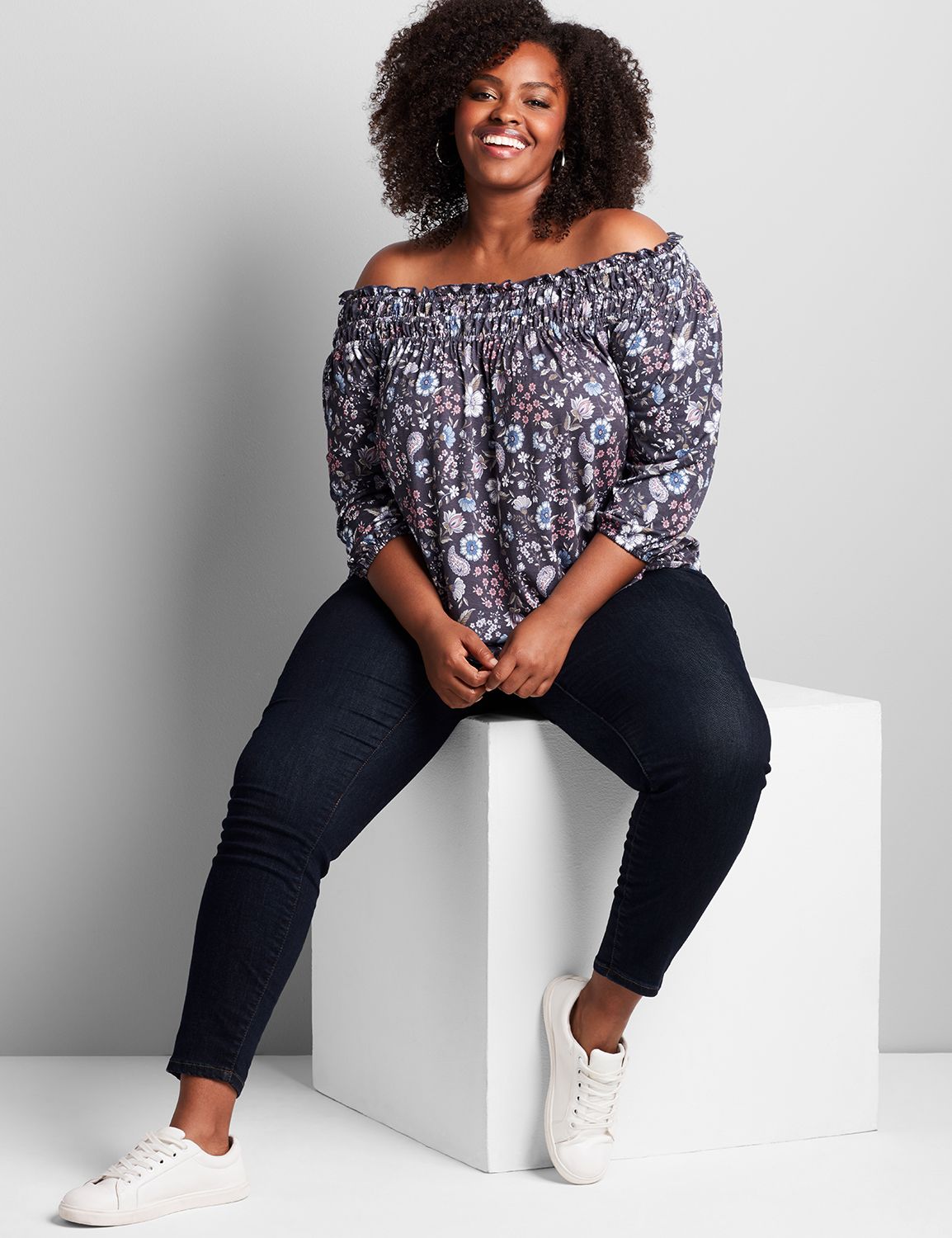 3/4 Sleeve Off The Shoulder Swing Top 1114419:LBF20194_MediumFallPaisleyFloral_colorway1:10/12 Product Image 3