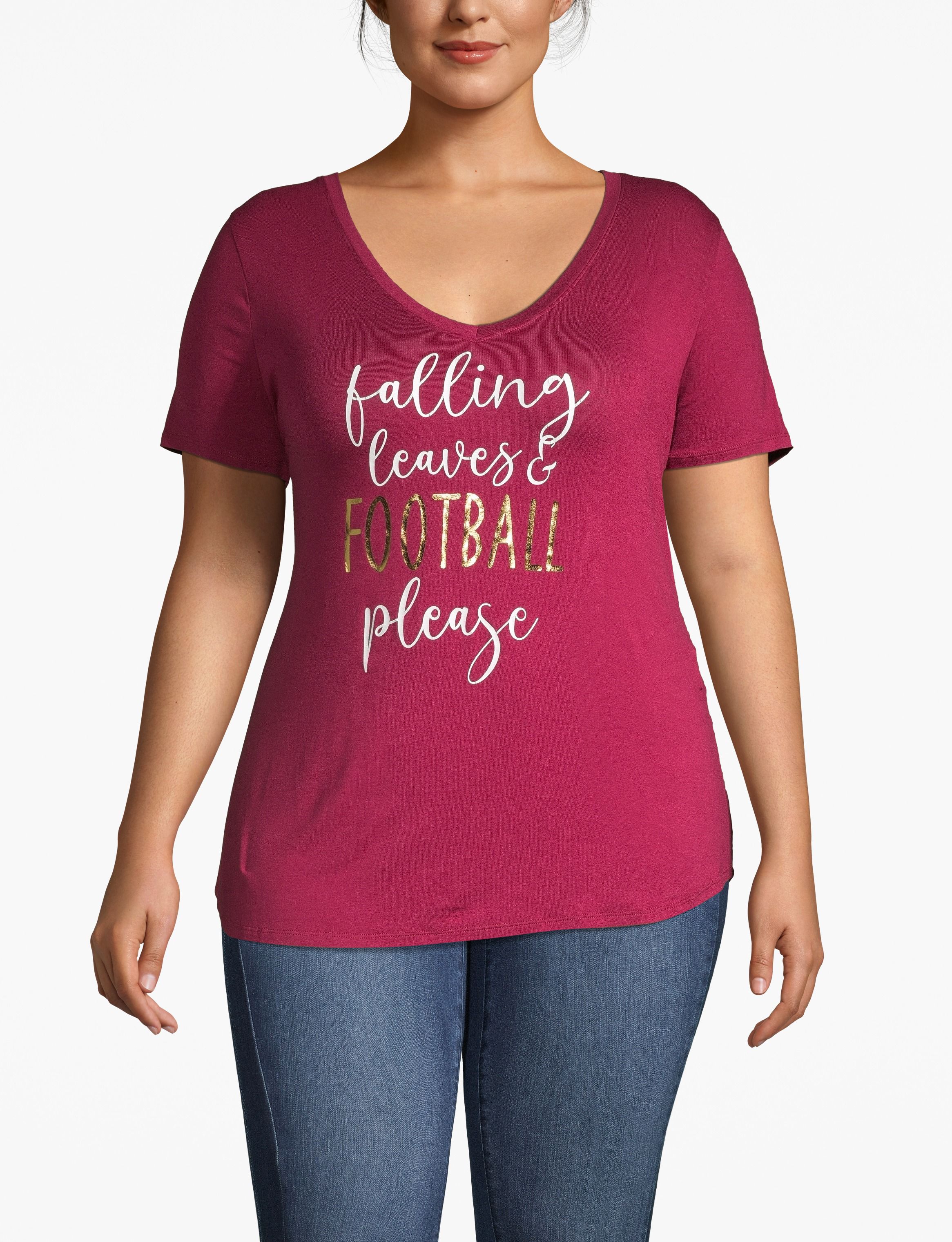Short Sleeve Vneck Graphic Tee - Falling Leaves and Football Please&scaron;:PANTONE Beet Red:10/12 Product Image 1