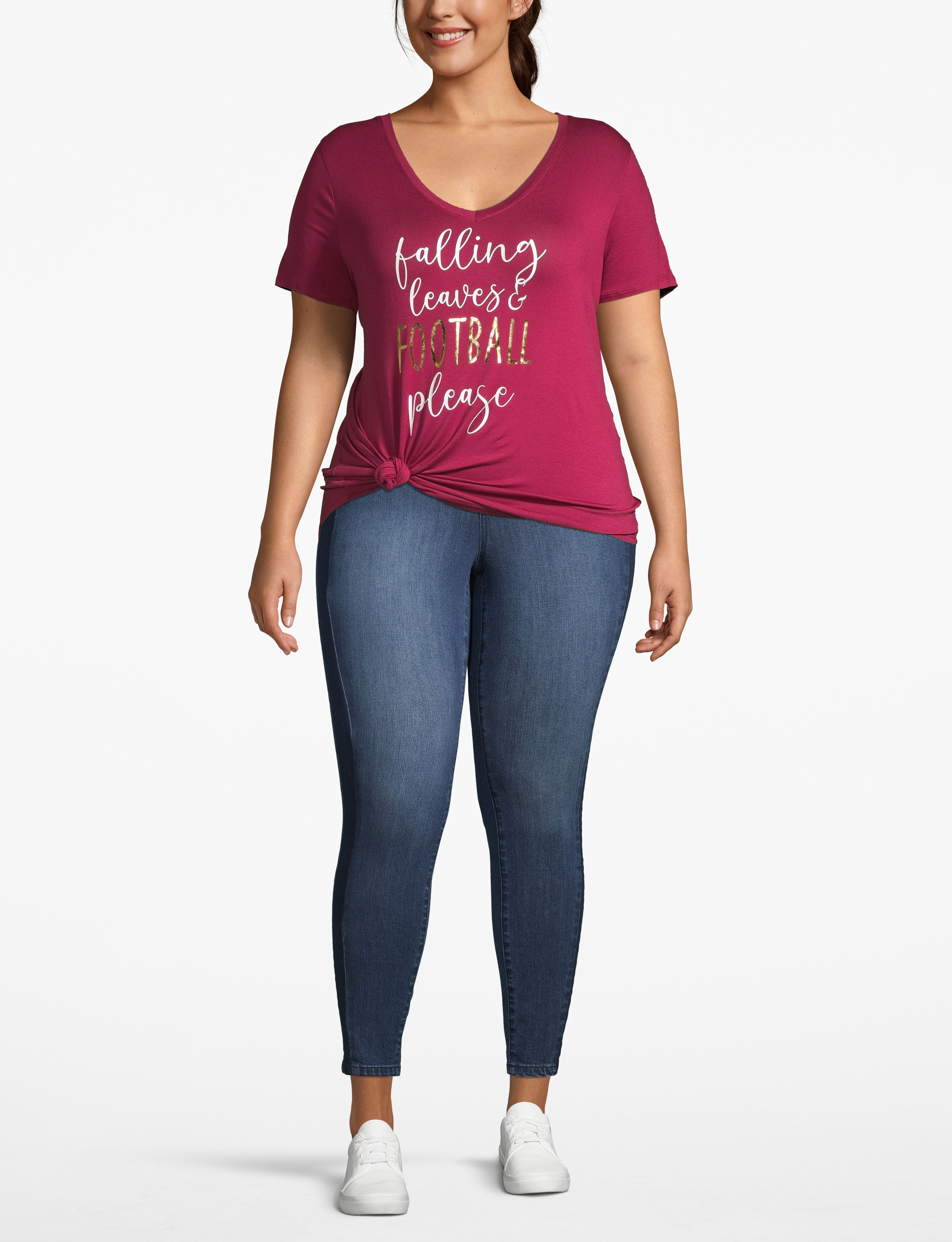 Short Sleeve Vneck Graphic Tee - Falling Leaves and Football Please&scaron;:PANTONE Beet Red:10/12 Product Image 3