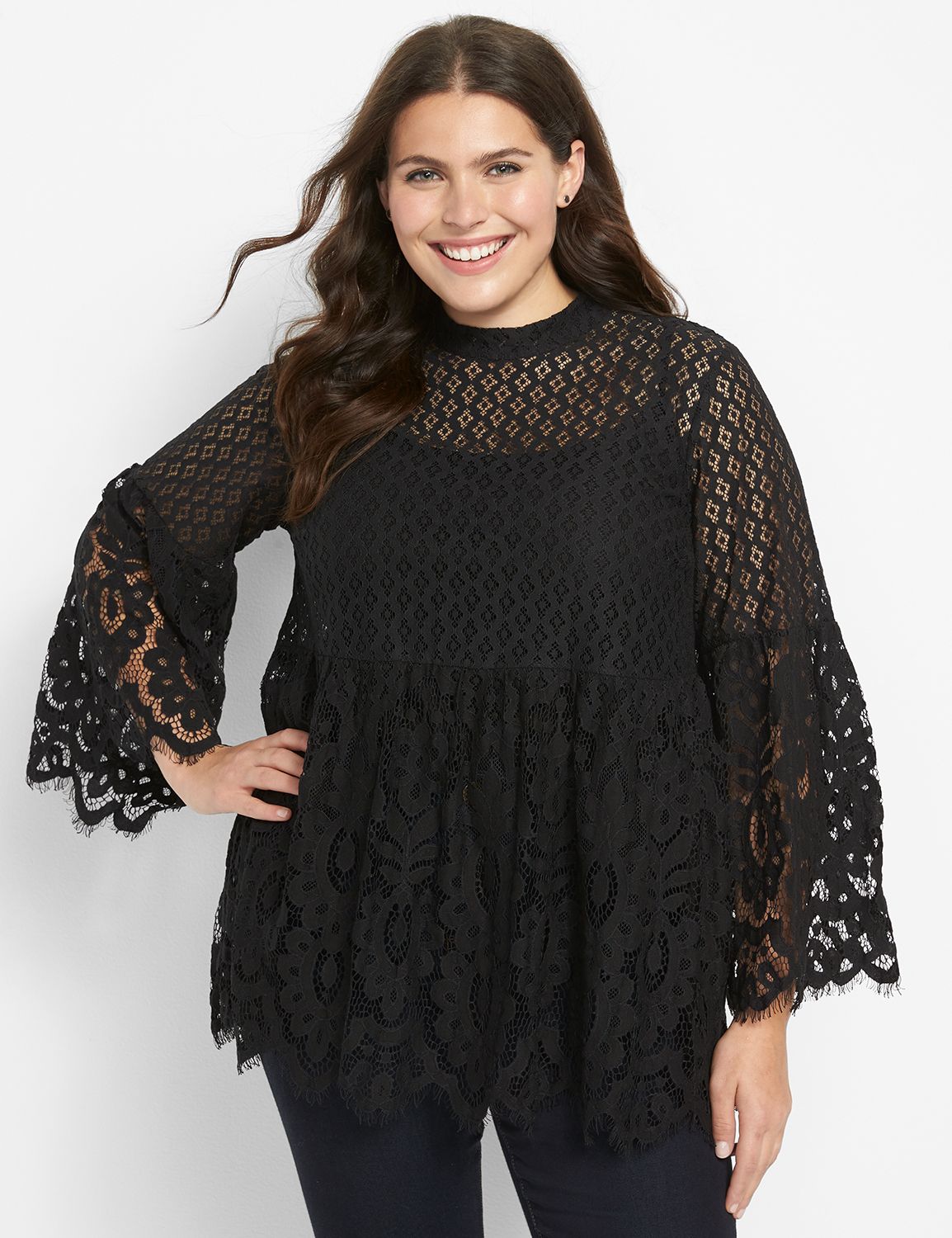 Long Sleeve Mock Neck Peplum Lace Blouse1116113:Pitch Black LB 1000322:16 Product Image 1